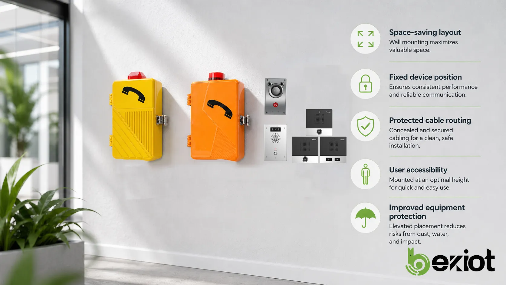 Caractéristiques du montage mural montrant le gain de place, la position fixe, le câblage protégé, l’accessibilité utilisateur et la protection des équipements