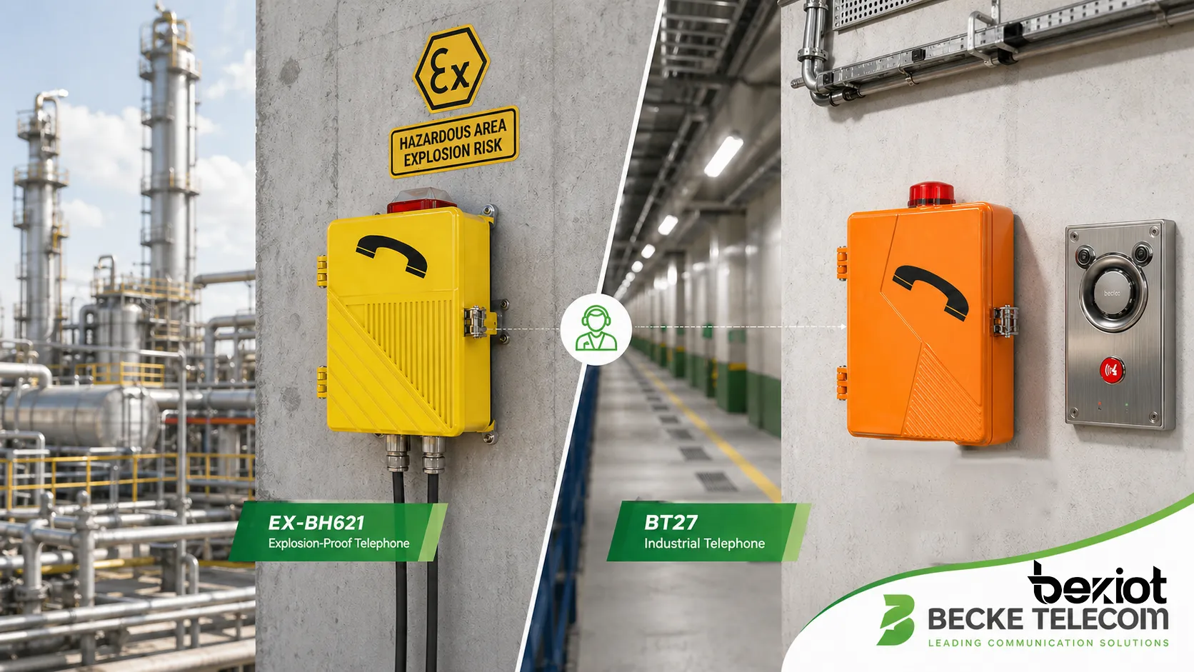 Téléphone antidéflagrant mural EX-BH621 et téléphone industriel BT27 de Becke Telcom installés dans des scénarios de communication en zone dangereuse et site industriel
