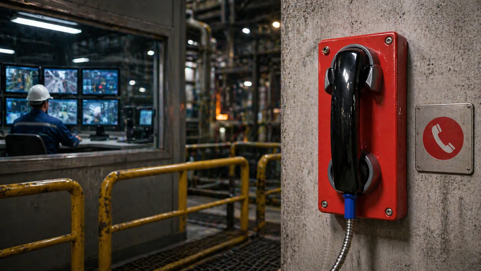 Téléphone anti-vandalisme utilisé sur un site industriel et connecté à la salle de contrôle, au dispatching et au système de sonorisation