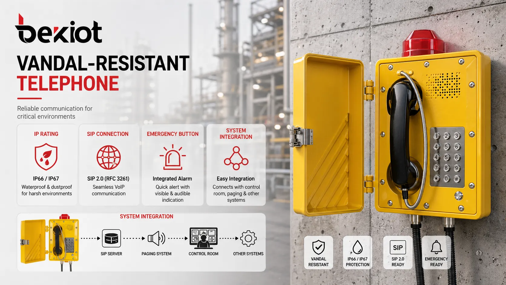 Guide de sélection d’un téléphone anti-vandalisme montrant l’indice IP, la connexion SIP, le bouton d’urgence et l’intégration système