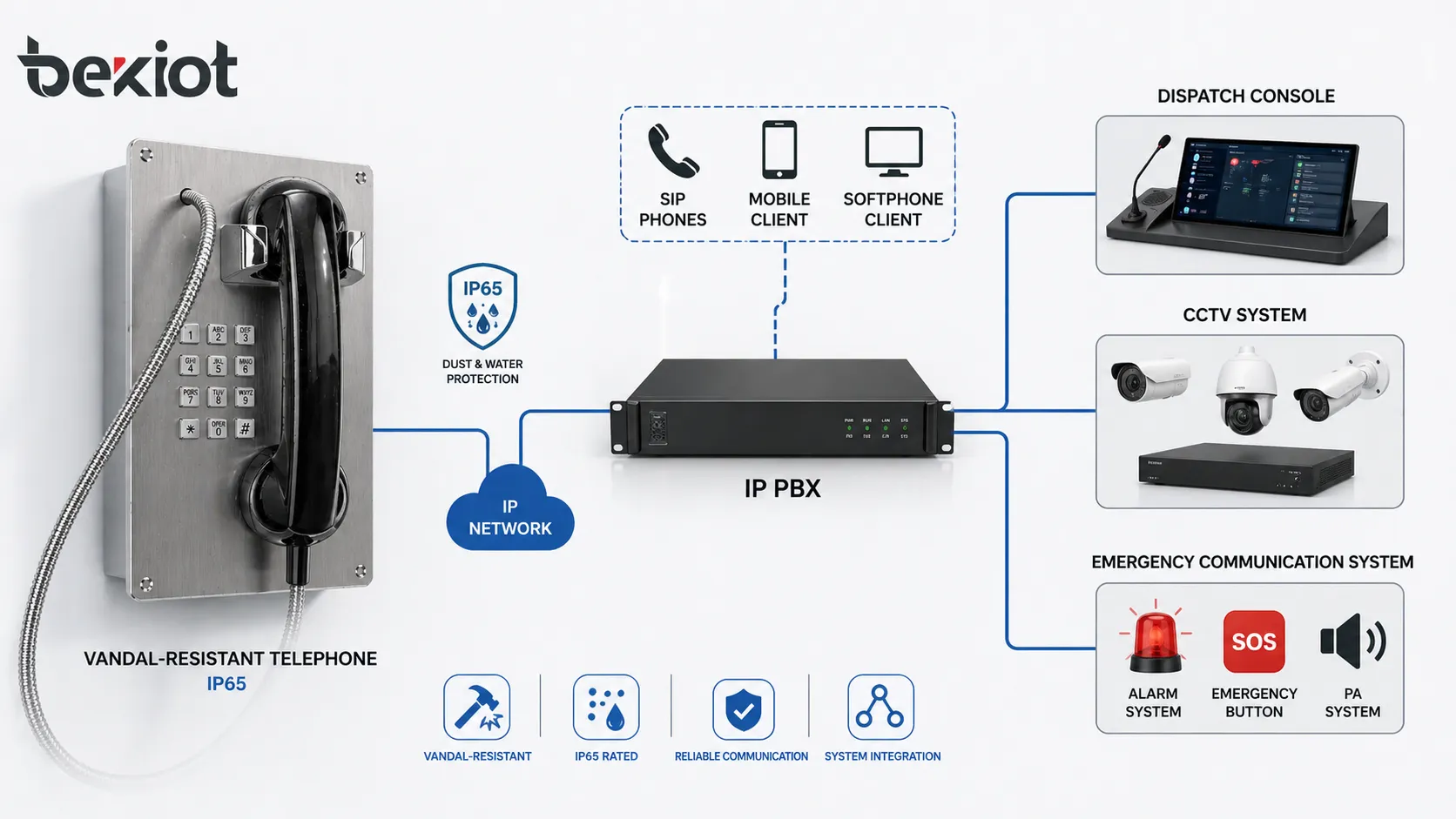 Téléphone anti-vandalisme BT22 connecté à IP PBX console de dispatching CCTV et architecture de communication d’urgence