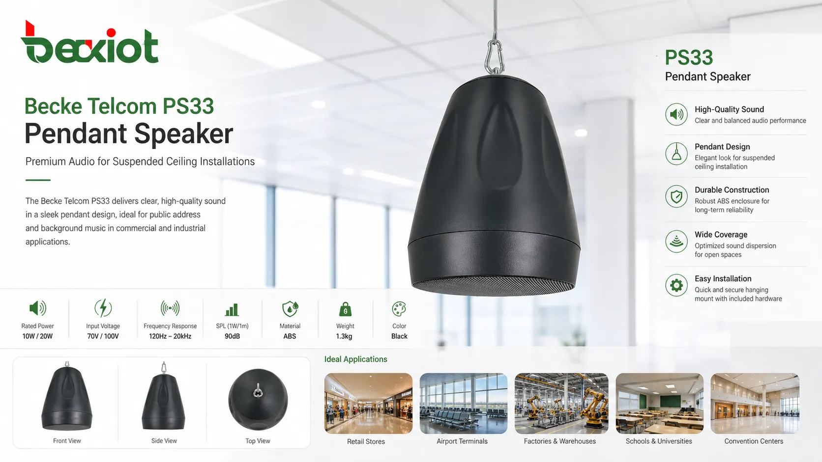 Becke Telcom PS33 Pendant Speaker pour installation audio suspendue au plafond