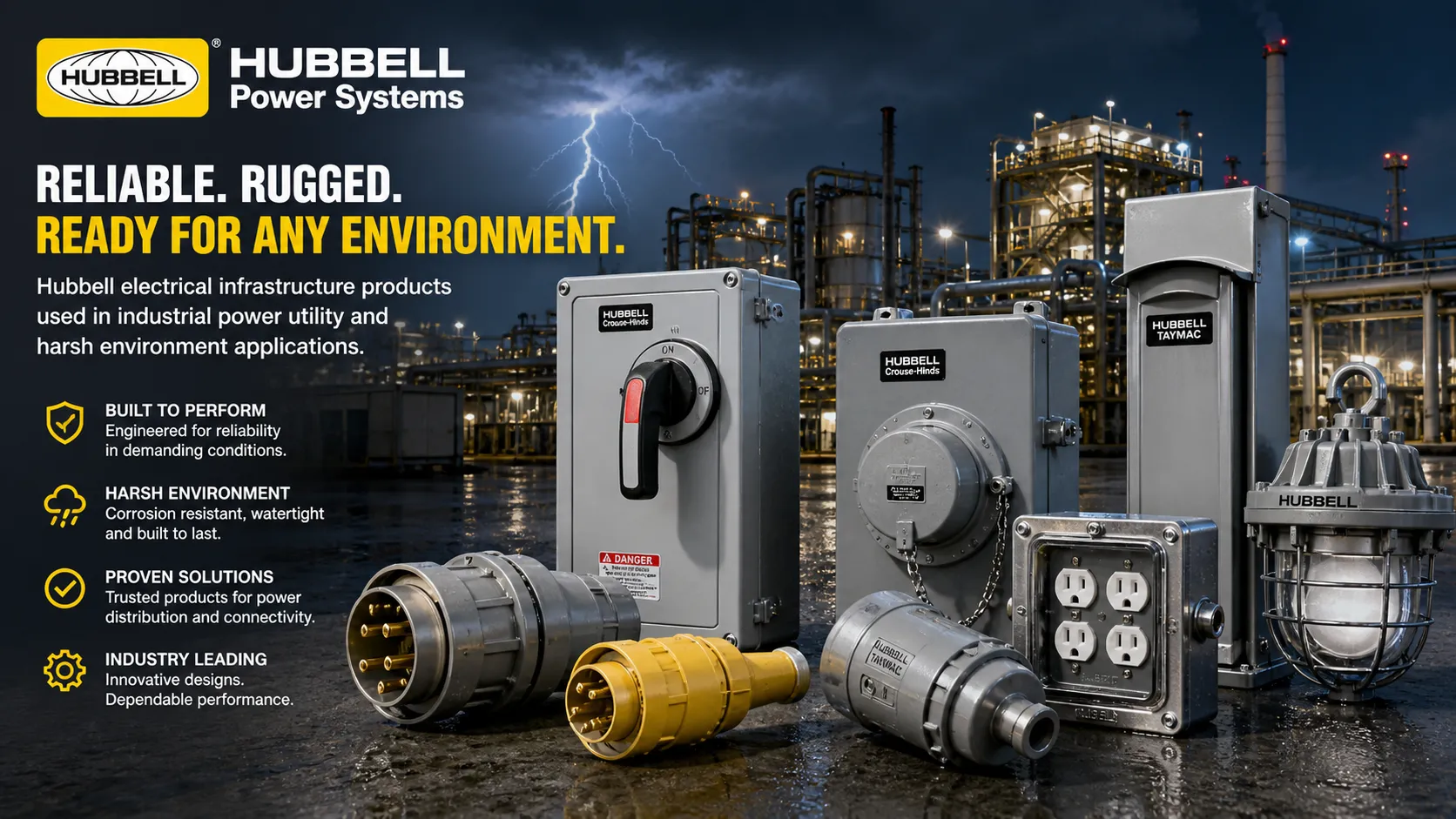 Produits d’infrastructure électrique Hubbell utilisés dans les applications industrielles, les réseaux électriques et les environnements difficiles