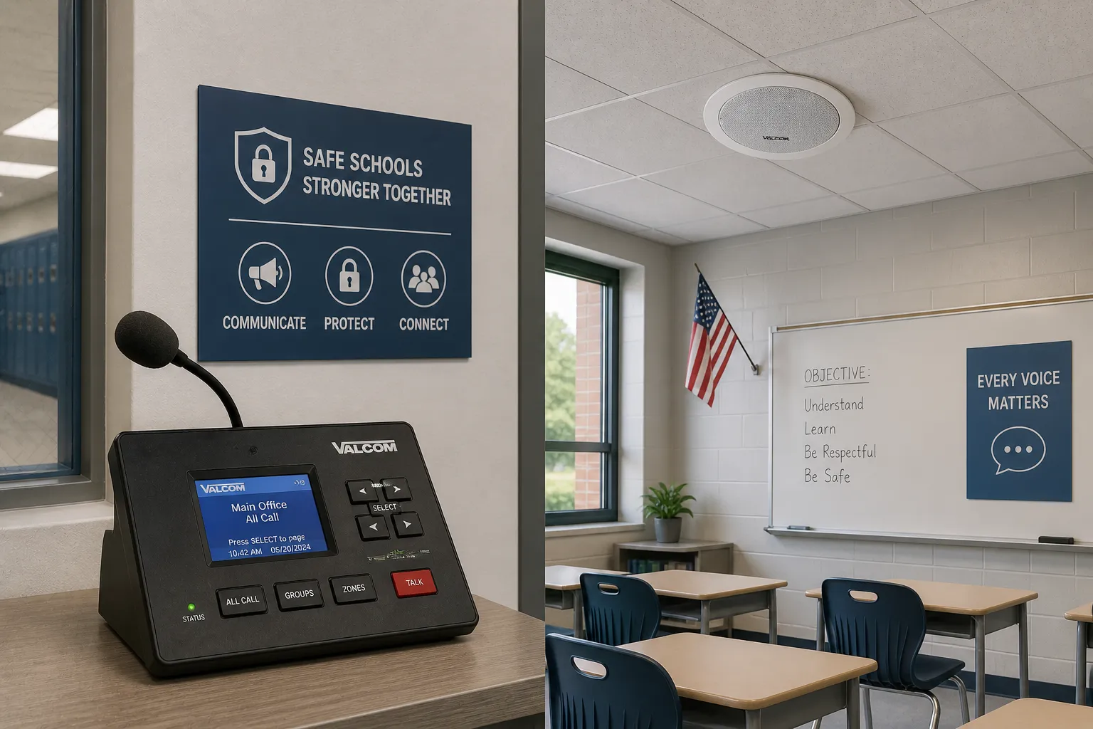 Console de paging Valcom et haut-parleur de salle de classe utilisés pour la sécurité scolaire et la communication intégrée