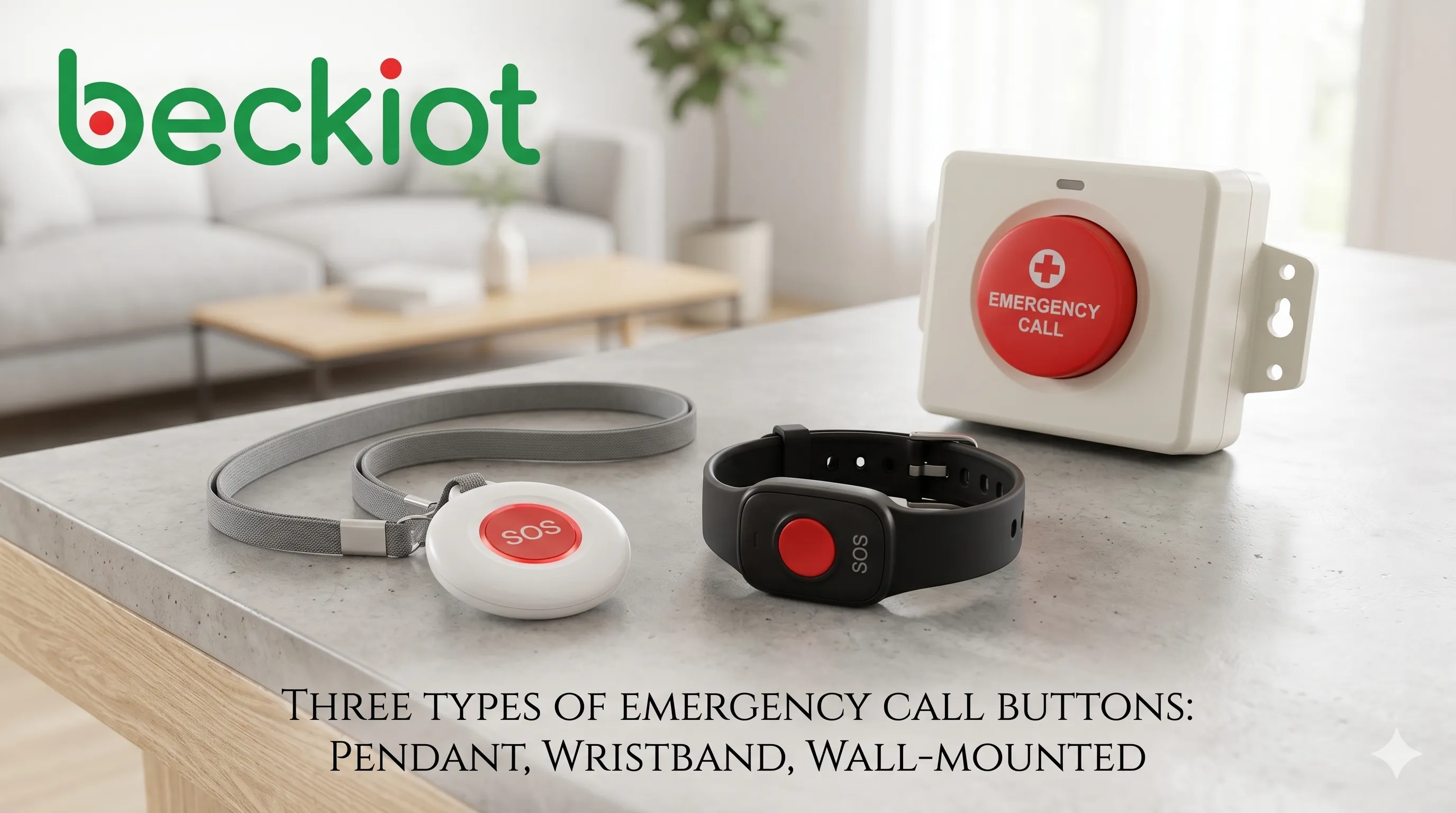 Trois types de boutons d’appel d’urgence : pendentif, bracelet et bouton mural