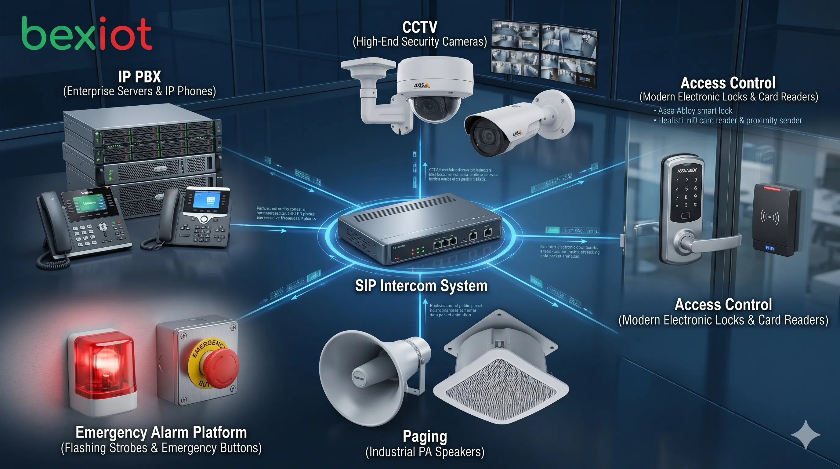 Intégration d’un système d’interphonie SIP avec IP PBX CCTV contrôle d’accès paging et plateforme d’alarme d’urgence