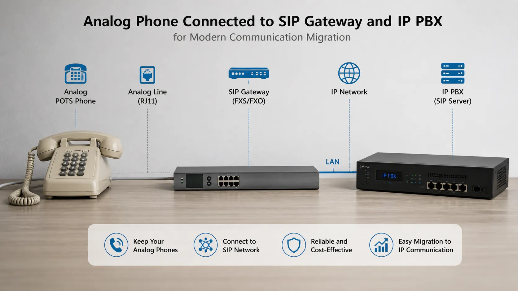 Téléphone POTS analogique connecté à une passerelle SIP et à un IP PBX pour une migration moderne des communications