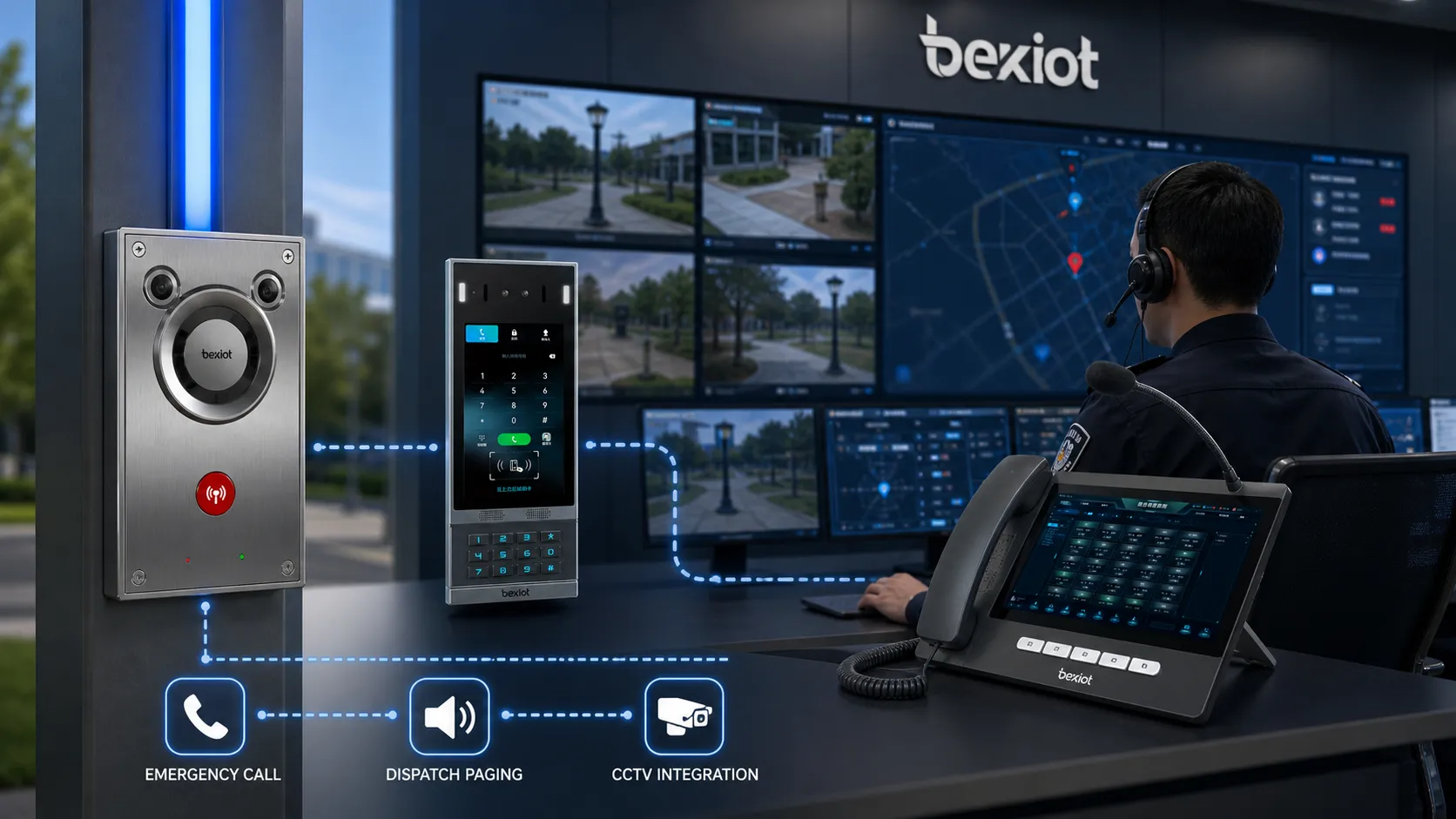 Salle de contrôle surveillant des téléphones à lumière bleue avec dispatch d’urgence, sonorisation et intégration CCTV
