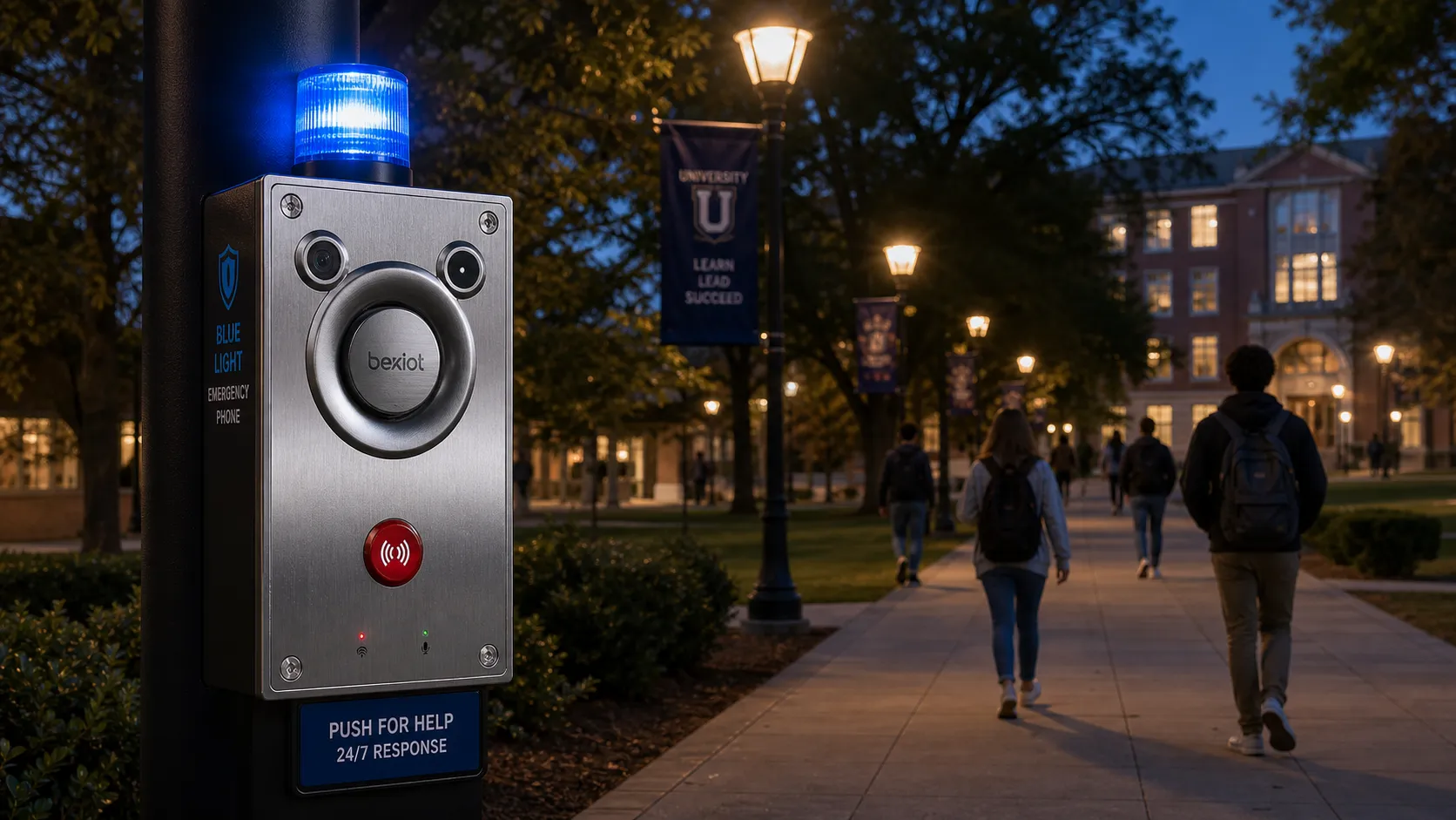Téléphone d’urgence à lumière bleue installé sur un chemin de campus universitaire pour la communication de sécurité des étudiants