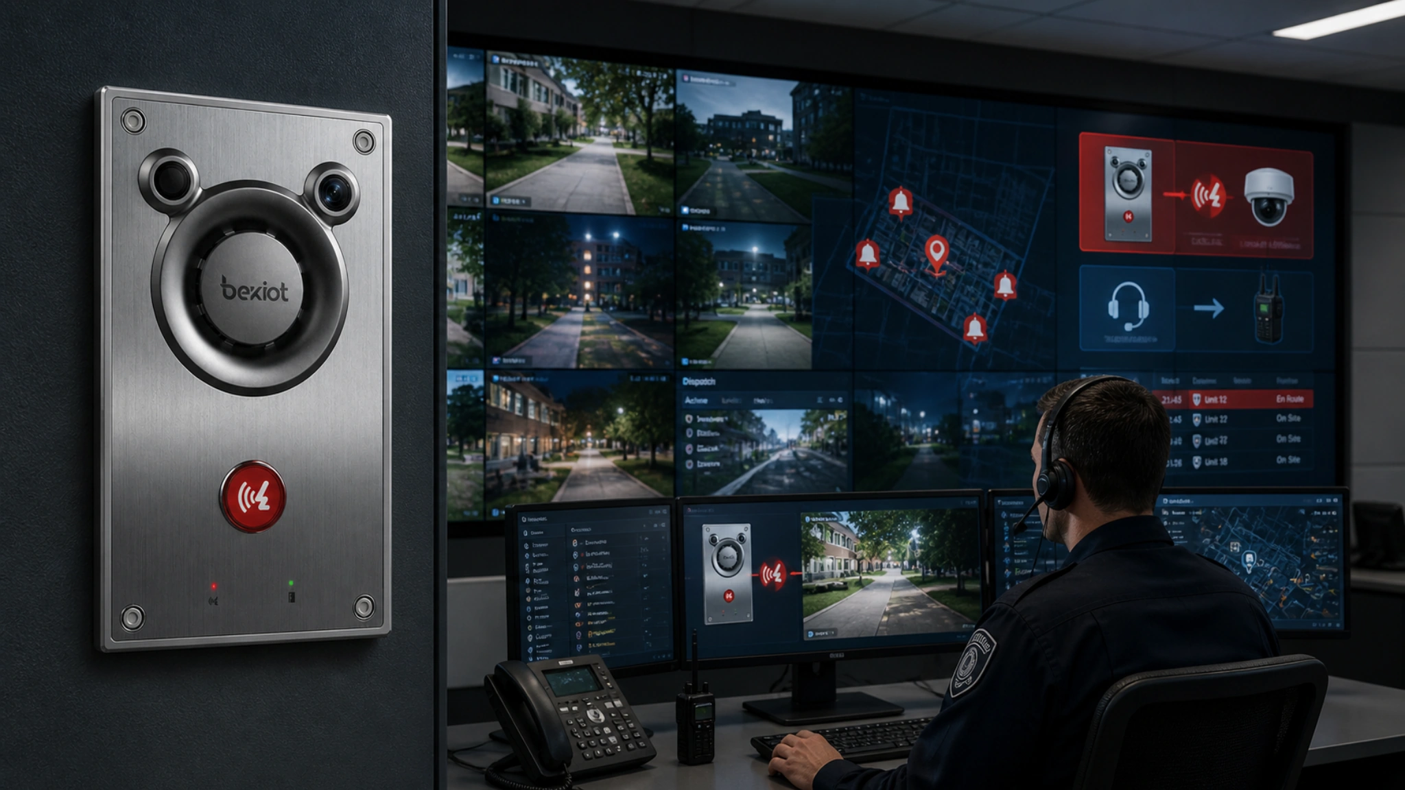Salle de contrôle de sécurité de campus intégrant téléphones d’urgence, diffusion, vidéosurveillance, couplage d’alarmes et systèmes de dispatching