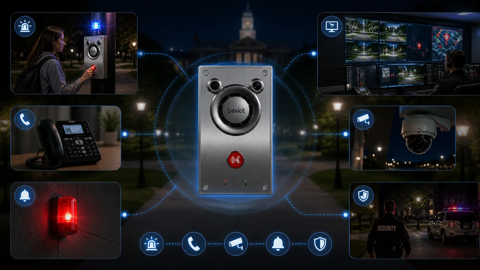 Écosystème de sécurité de campus en couches avec téléphones d’urgence, système de diffusion, système téléphonique, surveillance, système d’alarme et réponse de sécurité