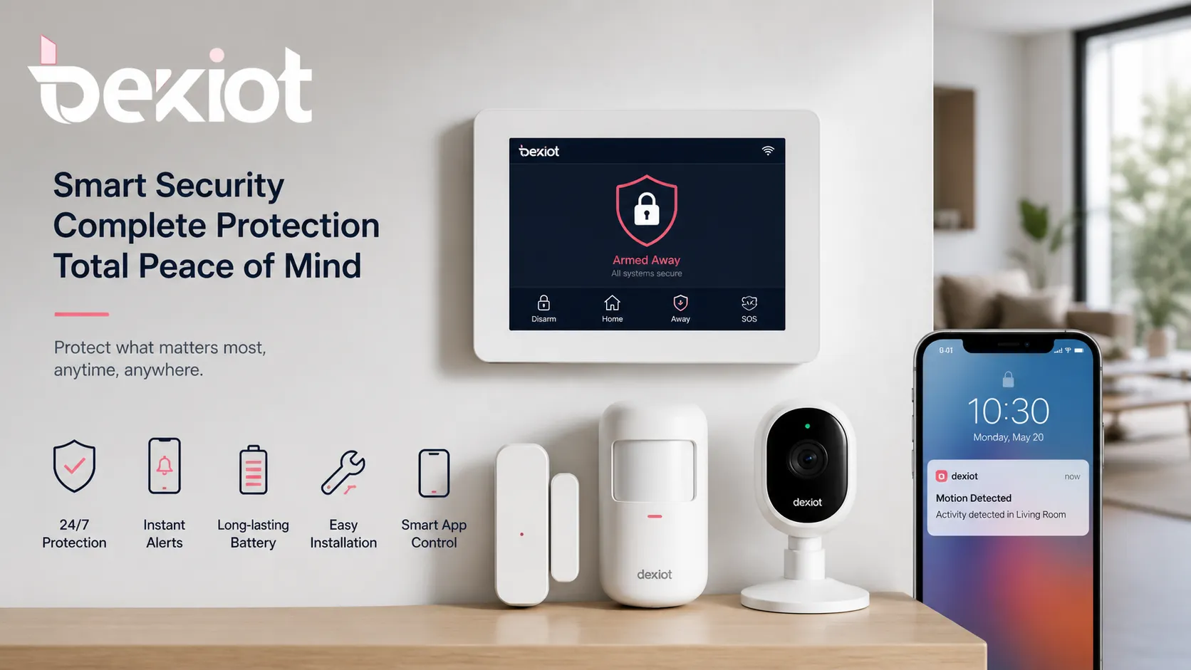 Système moderne d’alarme domestique avec panneau de commande capteurs de porte détecteur de mouvement caméra et alerte mobile