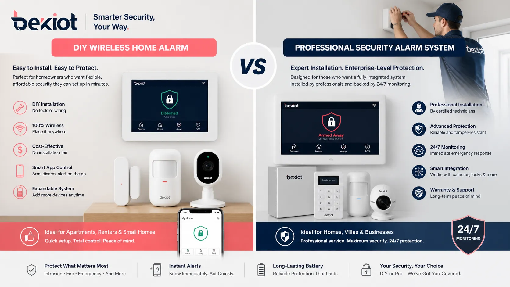 Installation DIY d’une alarme domestique sans fil comparée à une installation professionnelle de sécurité