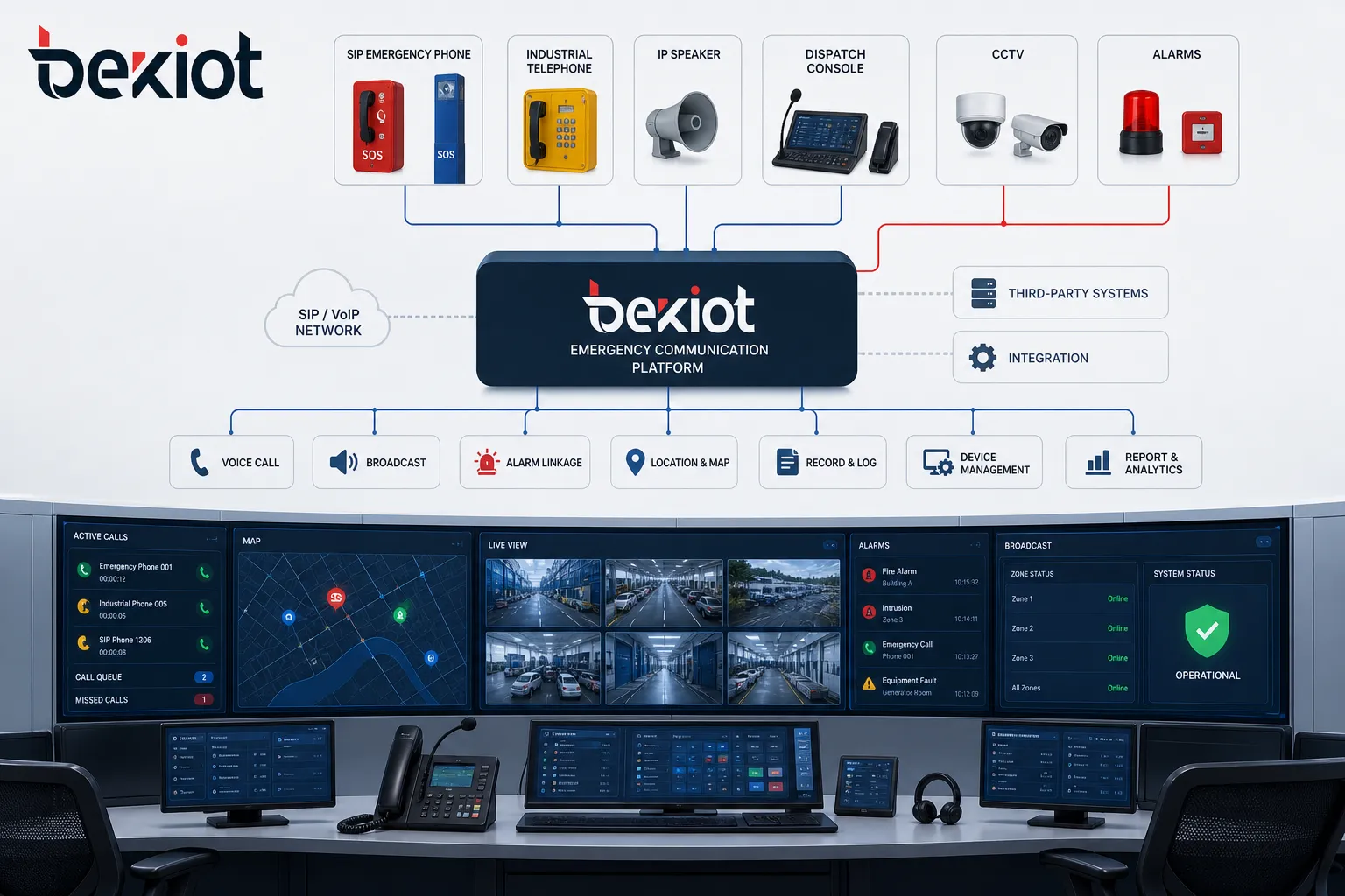 Architecture de système de communication d’urgence reliant téléphones d’urgence SIP téléphones industriels haut-parleurs IP console de dispatching CCTV alarmes et plateforme de salle de contrôle