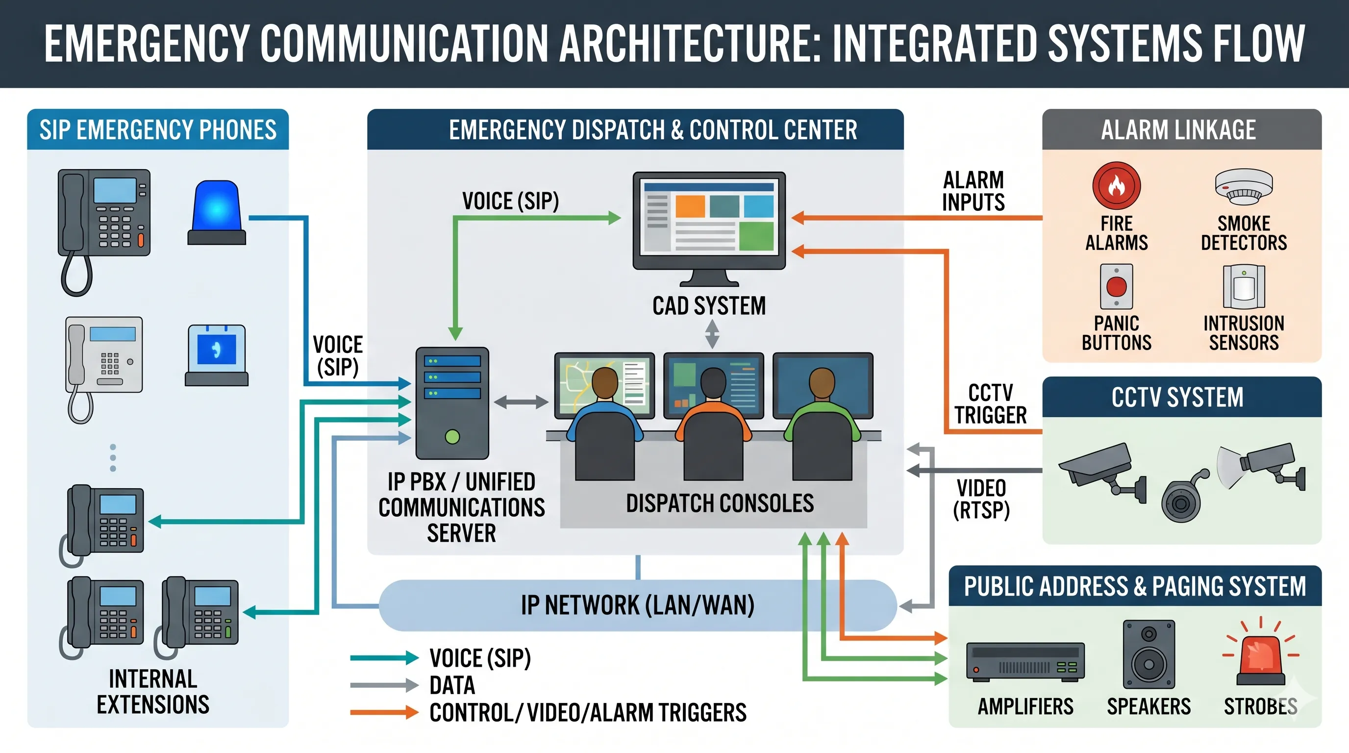 Salle de contrôle avec répartition assistée par ordinateur coordonnant les appels d’urgence, les intervenants, la vidéosurveillance, les alarmes et les systèmes de communication