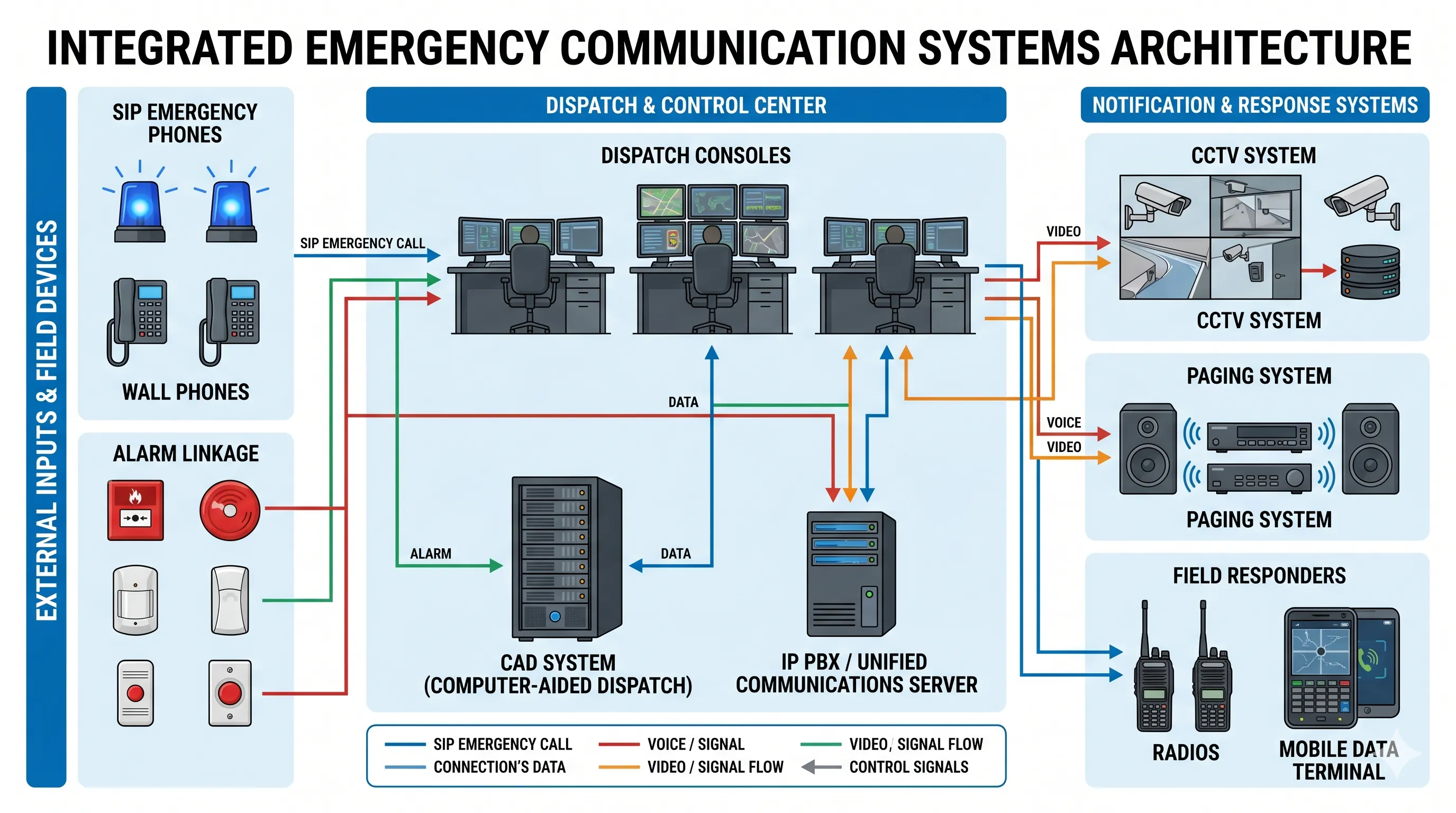 Architecture de communication d’urgence reliant système CAD, téléphones d’urgence SIP, IP PBX, console de dispatching, vidéosurveillance, sonorisation et liaison d’alarme