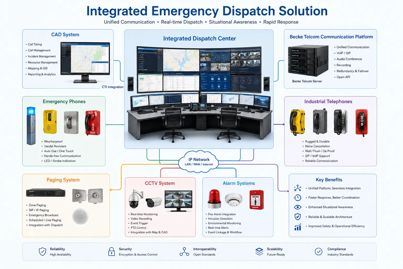 Solution intégrée de dispatching d’urgence avec système CAD, plateforme de communication Becke Telcom, téléphones d’urgence, téléphones industriels, sonorisation, CCTV et systèmes d’alarme
