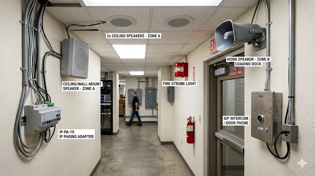 Différents équipements de sonorisation : haut-parleurs de plafond, muraux, pavillons, flashs, interphones SIP et adaptateurs IP