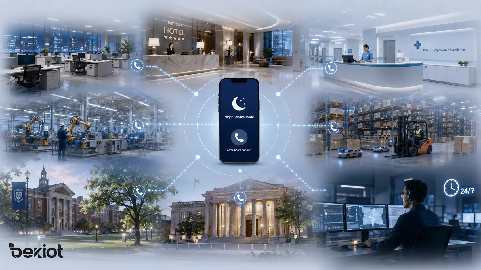 Applications du mode nuit dans bureaux, hôtels, santé, usines, entrepôts, campus et bâtiments publics