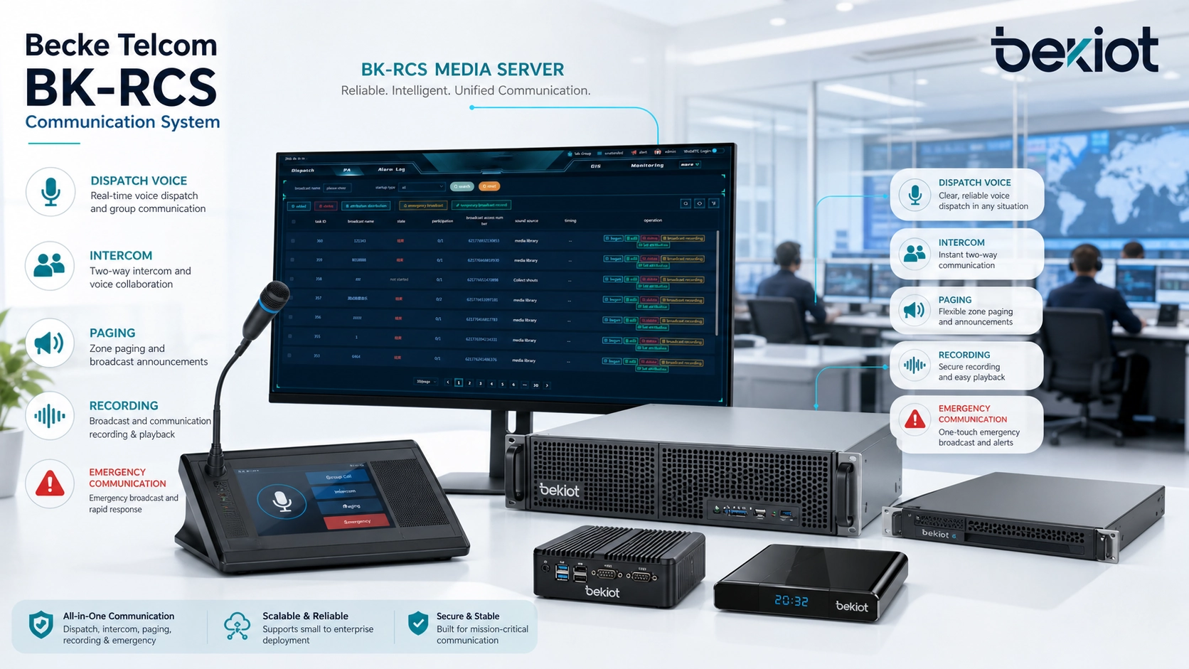 Serveur Becke Telcom BK-RCS et système BK-RCS avec fonctions média pour dispatching, interphonie, paging, enregistrement et urgence
