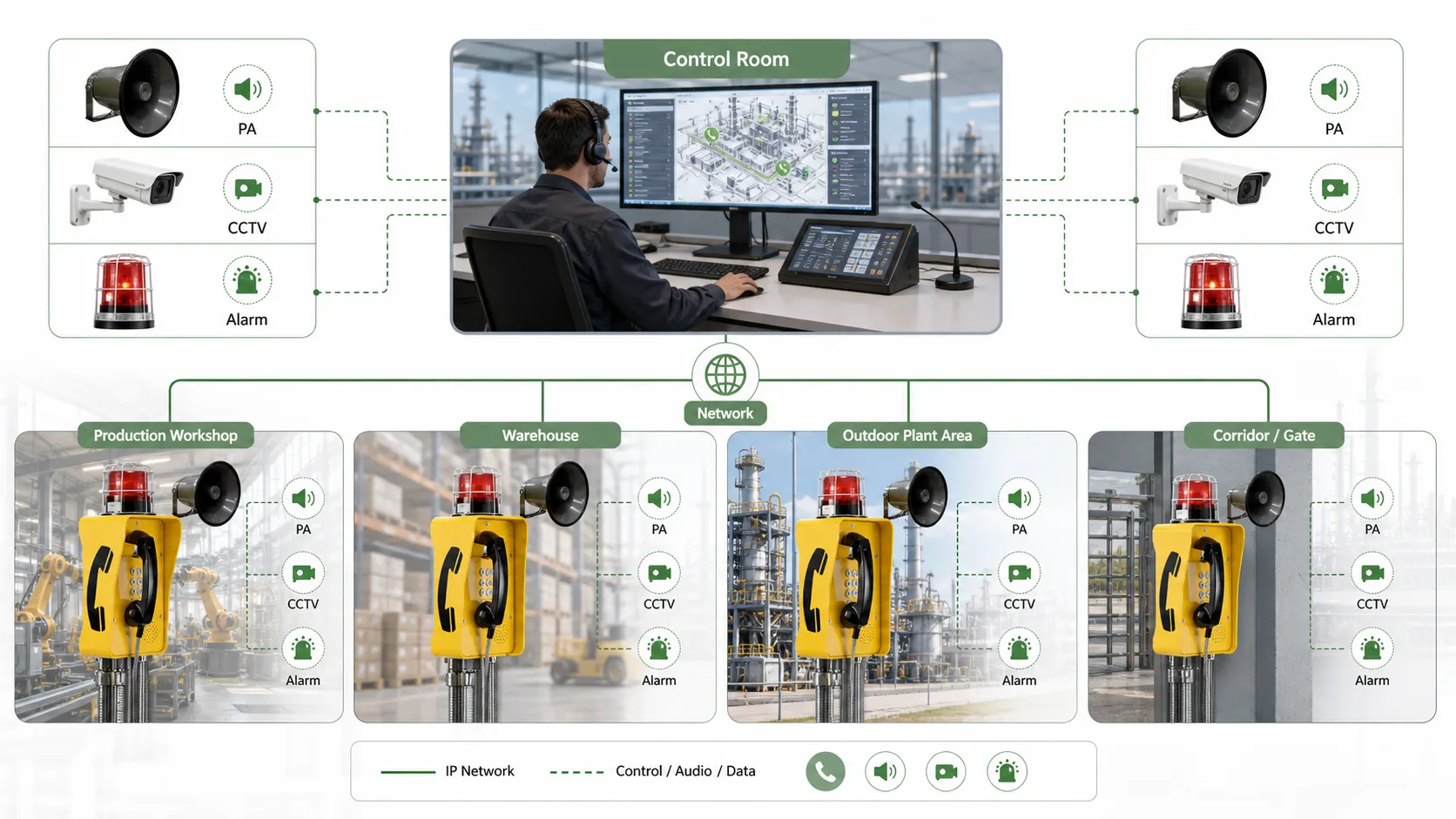Solution de communication d'urgence industrielle intégrant interphone, radiomessagerie, sonorisation, vidéosurveillance, alarmes et répartition en salle de contrôle