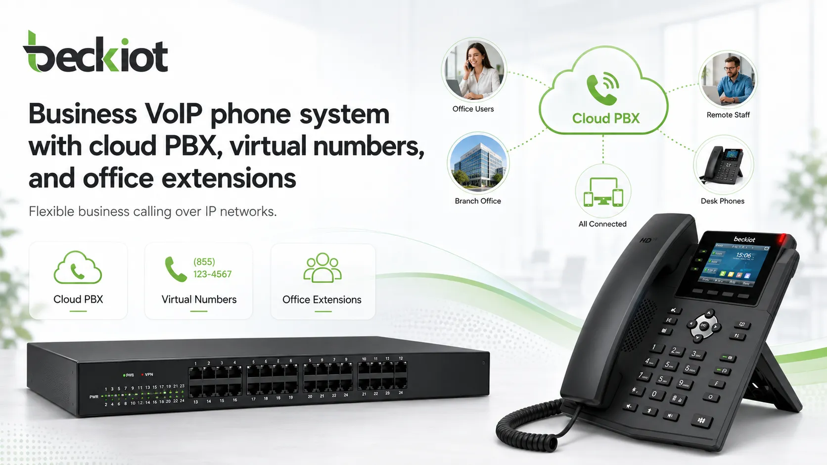 Système VoIP professionnel avec PBX cloud, numéros virtuels et postes de bureau