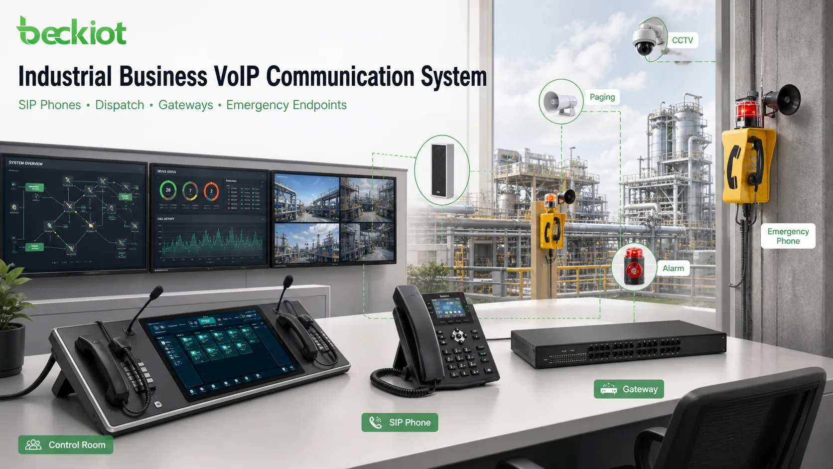 Système de communication VoIP industrielle pour entreprise intégrant téléphones SIP, console de répartition, passerelles et terminaux d'urgence