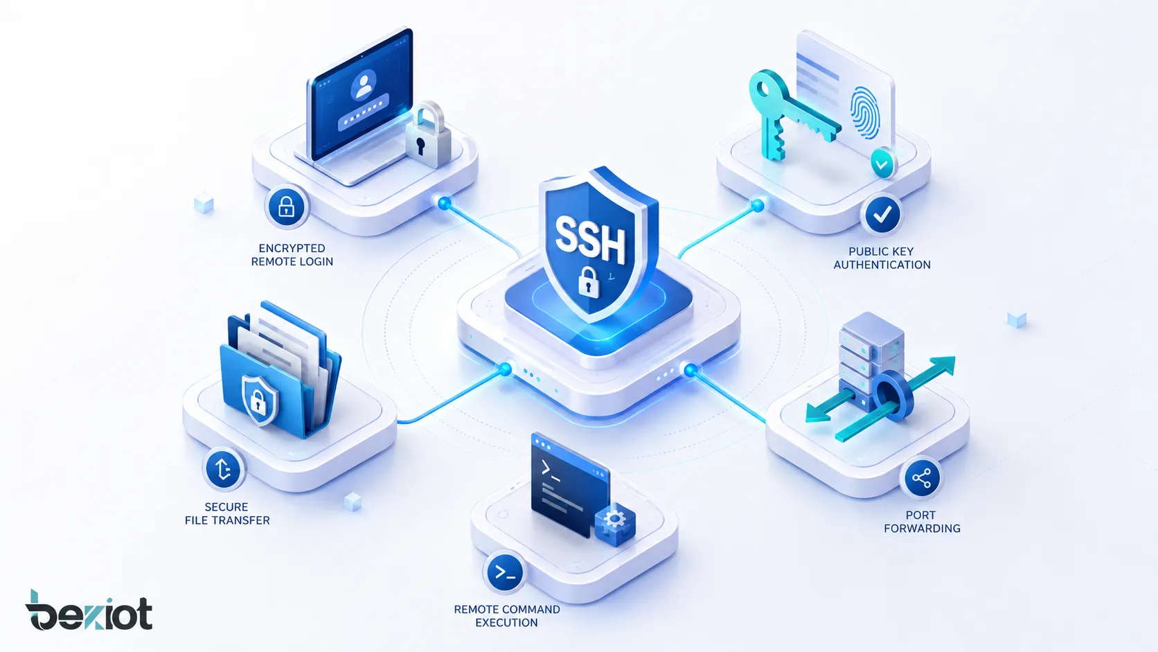 Fonctionnalités SSH montrant la connexion distante chiffrée, l’authentification par clé publique, le transfert de fichiers sécurisé, la redirection de ports et l’exécution de commandes à distance