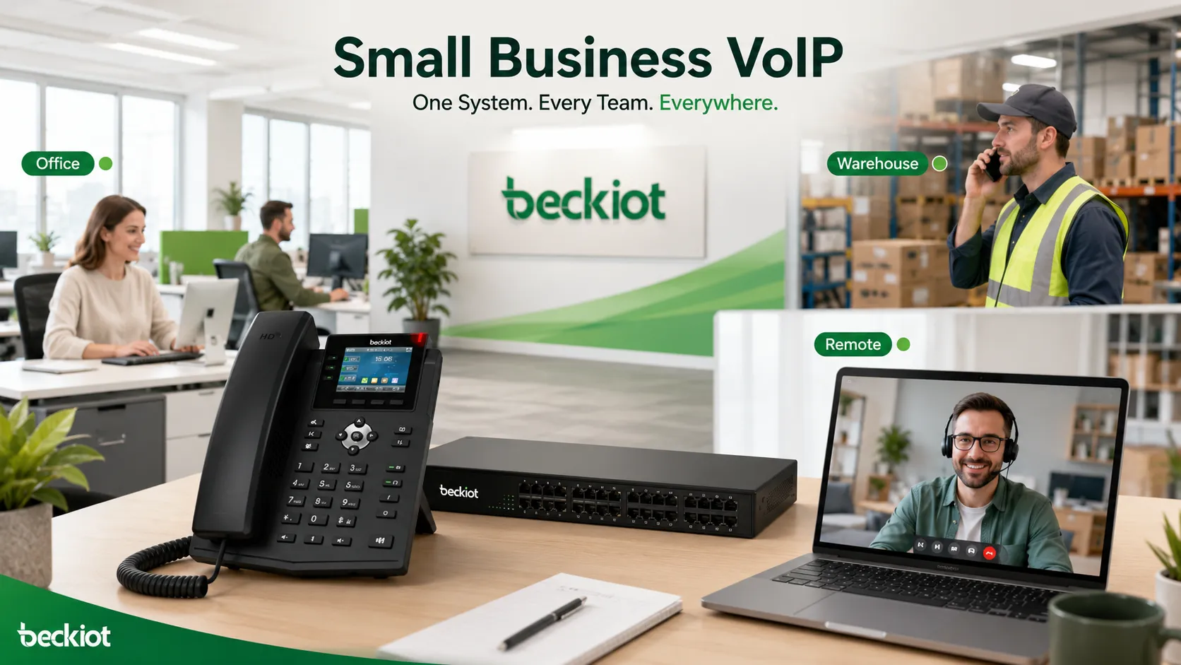 Système téléphonique VoIP pour petite entreprise connectant les utilisateurs de bureau, le personnel d’entrepôt et les employés à distance