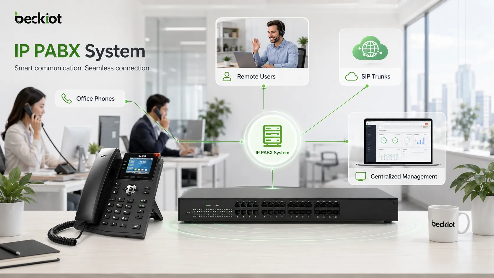 Système de communication d'entreprise IP PABX prenant en charge les téléphones de bureau, les utilisateurs distants, les trunks SIP et la gestion centralisée