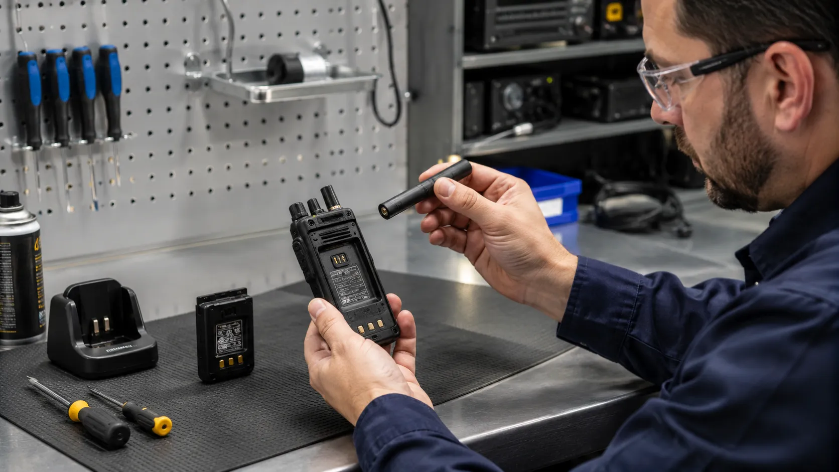 Technicien inspectant l’antenne, les contacts de batterie et le boîtier étanche d’une radio bidirectionnelle pour une maintenance quotidienne sûre
