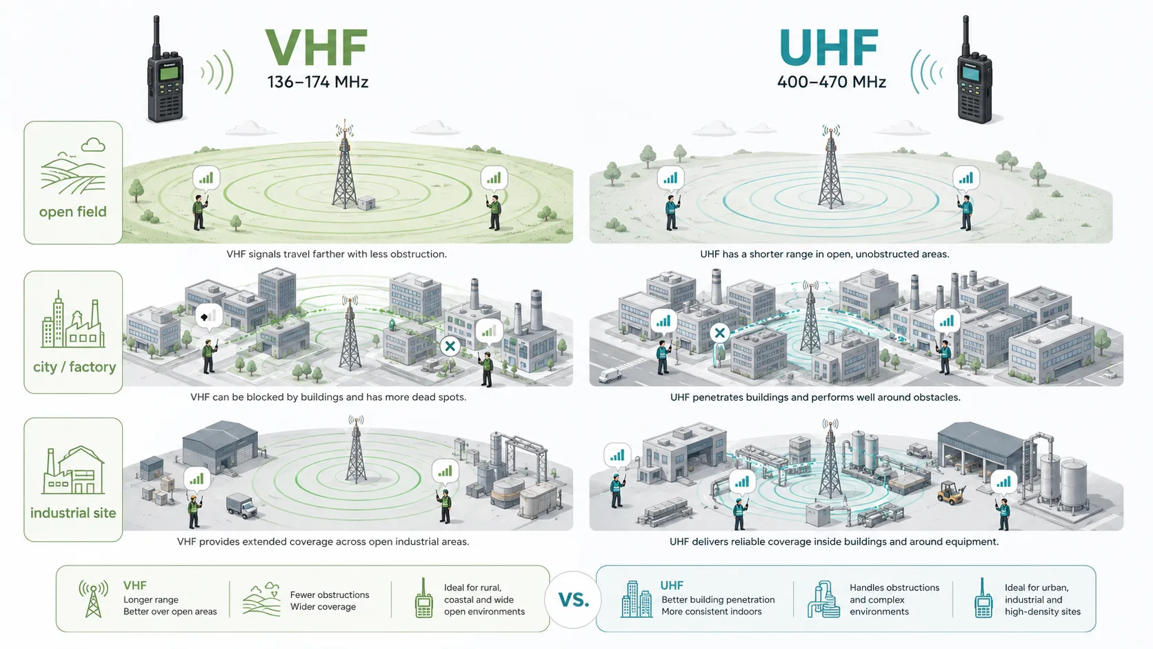 Comparaison de couverture VHF et UHF pour radios bidirectionnelles en usine ville et champ ouvert