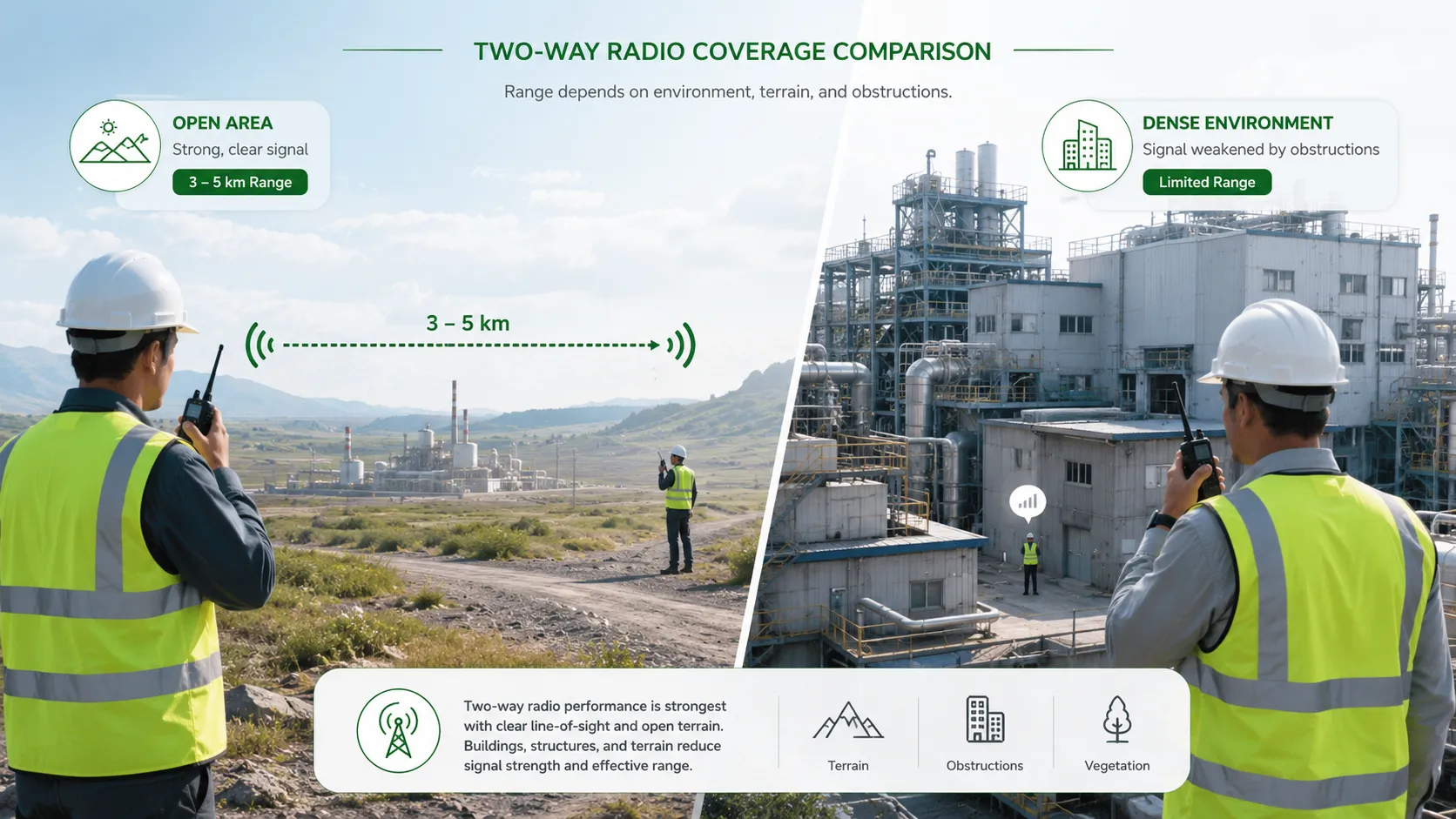 Comparaison de portée radio bidirectionnelle de 3 à 5 kilomètres en zone ouverte et atténuation dans les bâtiments