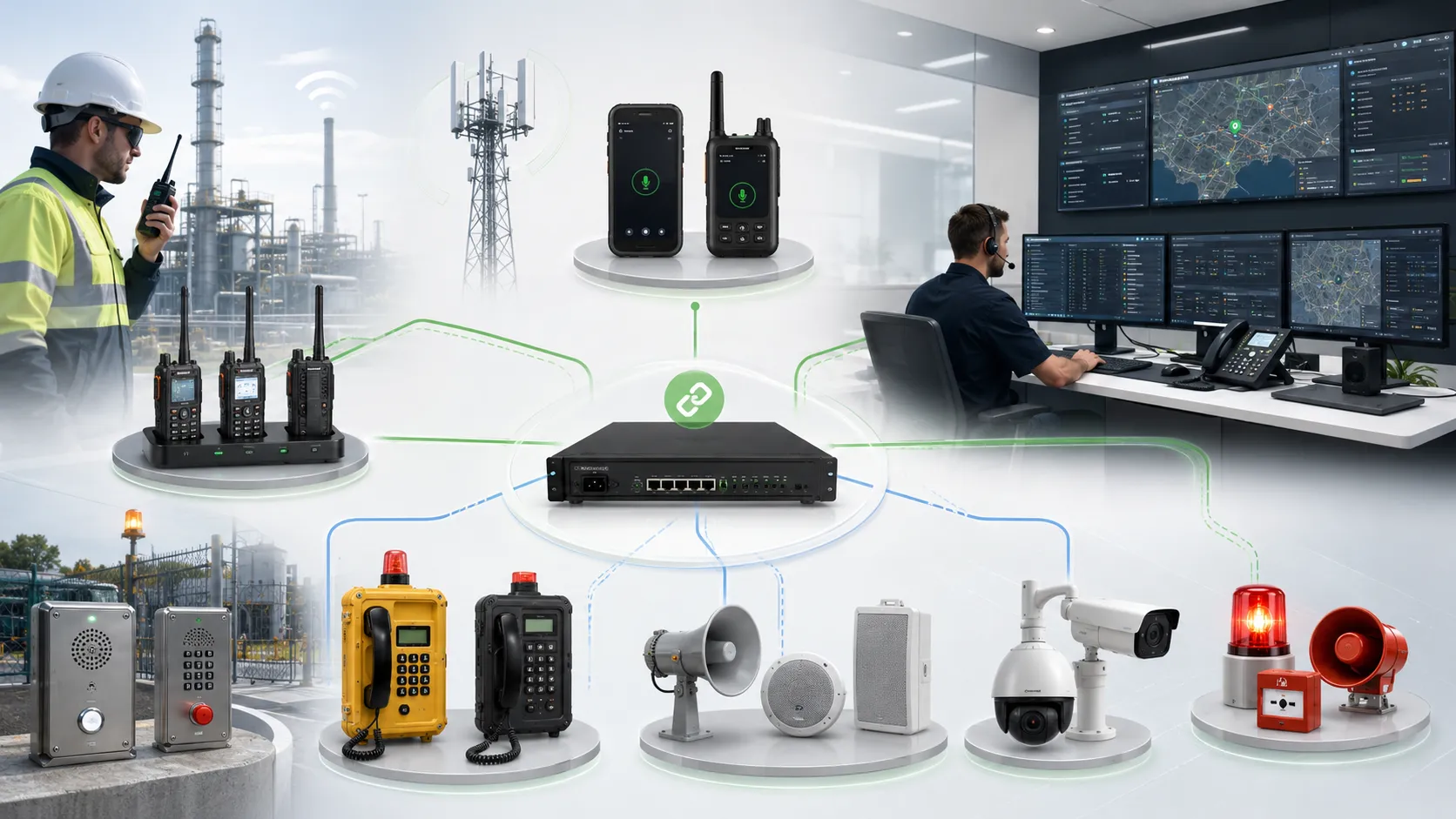Solution hybride Becke Telcom connectant radios bidirectionnelles radios PoC passerelle RoIP dispatch SIP téléphones industriels PA et liaison CCTV