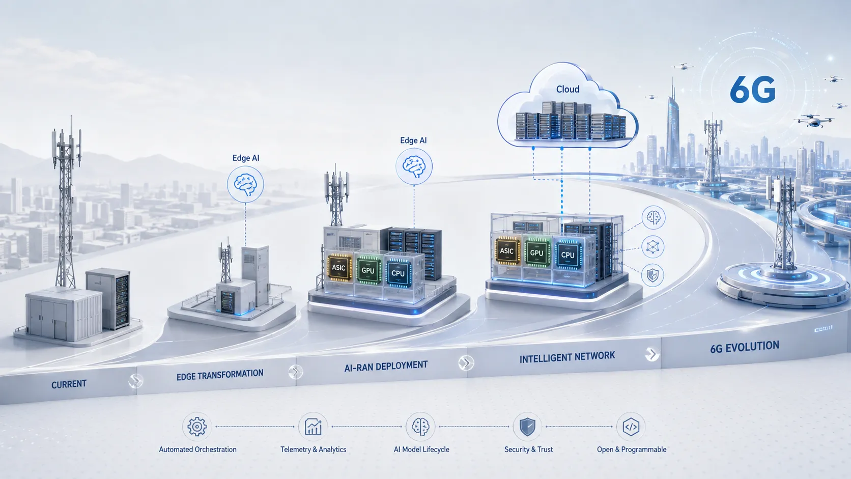 Feuille de route AI-RAN avec ASIC GPU CPU calcul hétérogène IA de bord orchestration cloud et évolution 6G