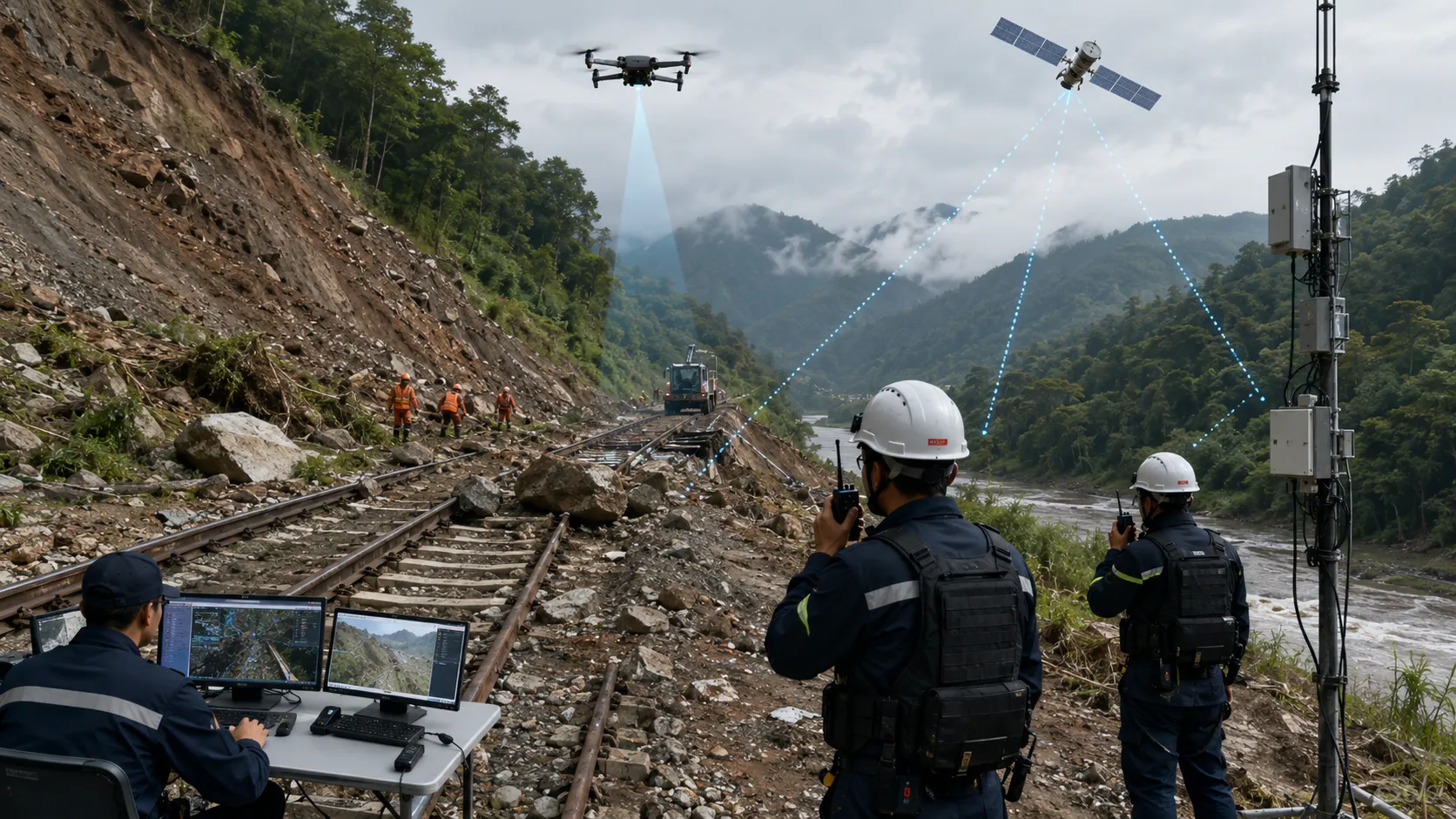 Urgence ferroviaire après glissement de terrain utilisant reconnaissance par drone relais satellite voix radio bidirectionnelle et dispatching du centre de commandement