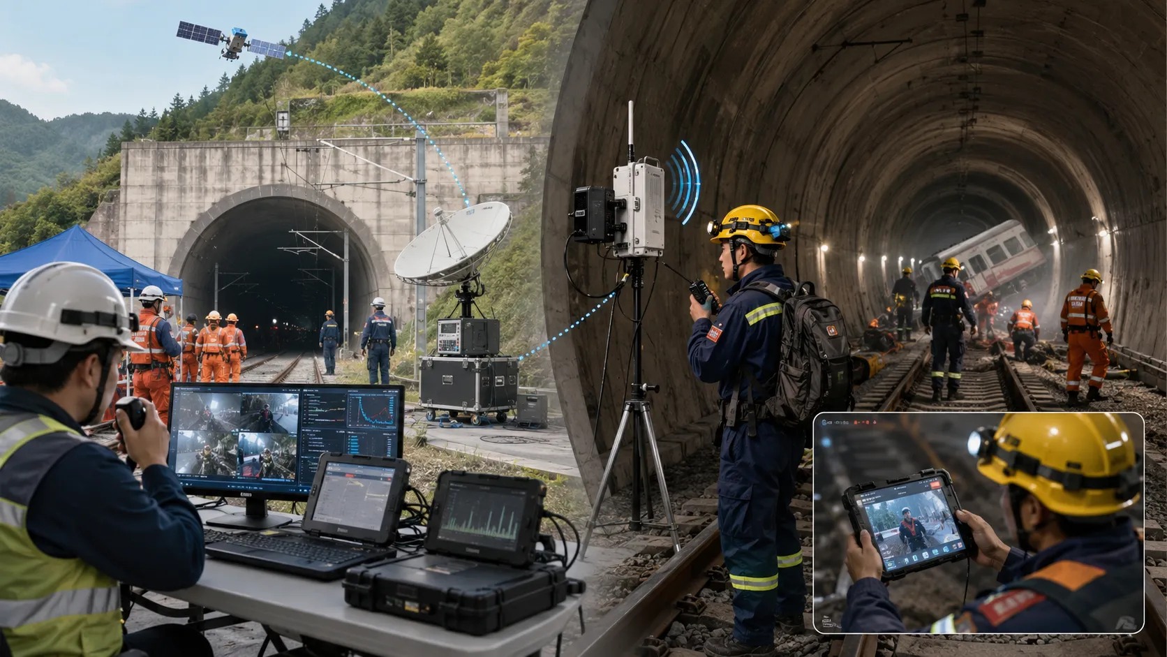 Secours ferroviaire en tunnel avec relais sans fil transmettant voix et vidéo sur 3.5 à 10 kilomètres dans le tunnel via retour satellite