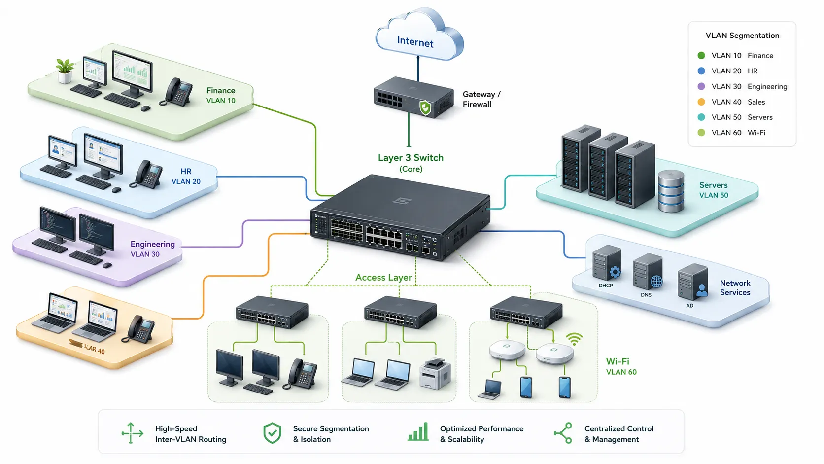 Architecture réseau d'entreprise avec commutateur de couche 3 reliant VLAN, services, serveurs, passerelle internet et commutateurs d'accès