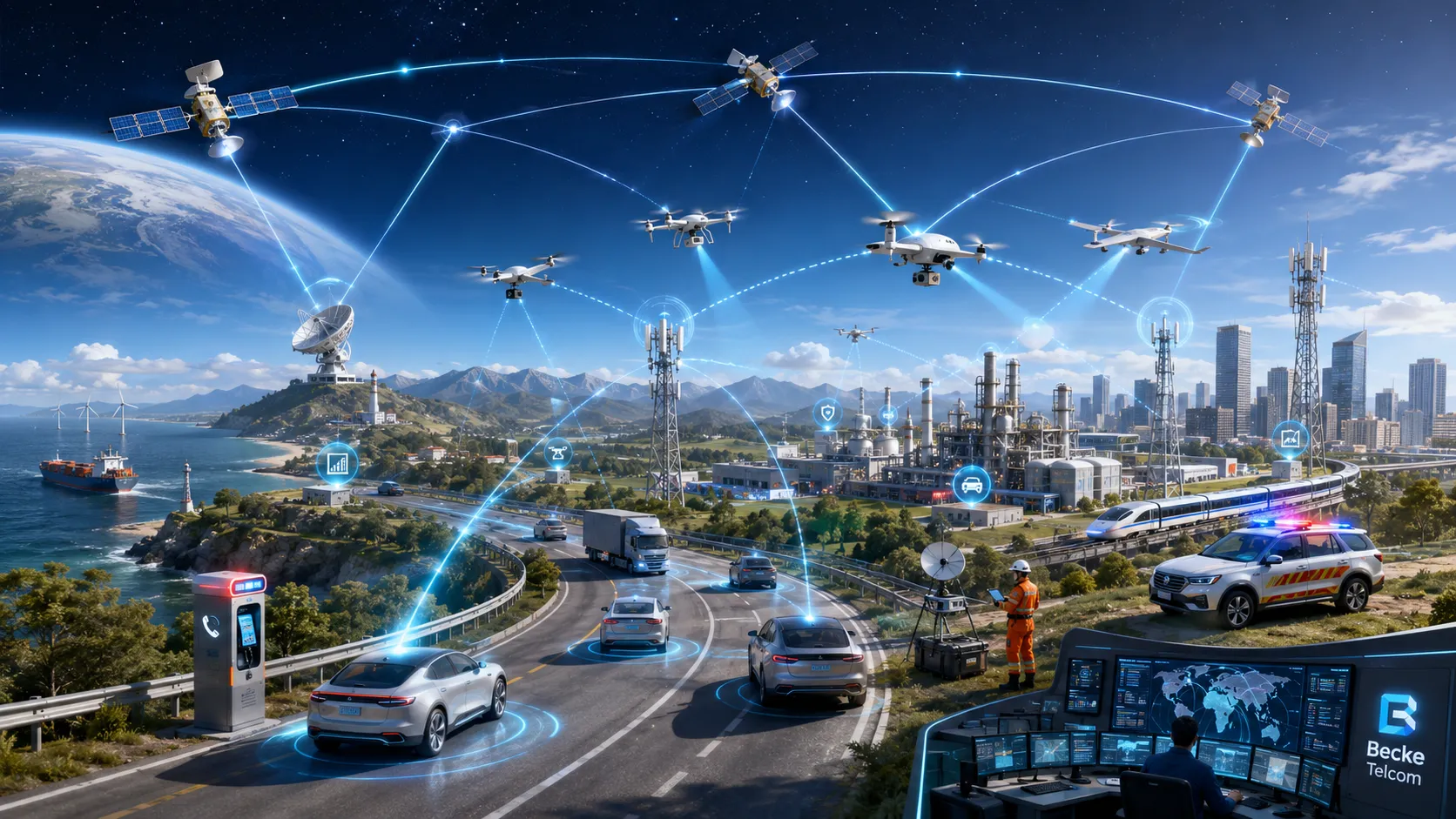 Réseau intégré espace-air-terre 6G connectant satellites, drones, stations de base, véhicules intelligents, sites industriels et systèmes de communication d'urgence