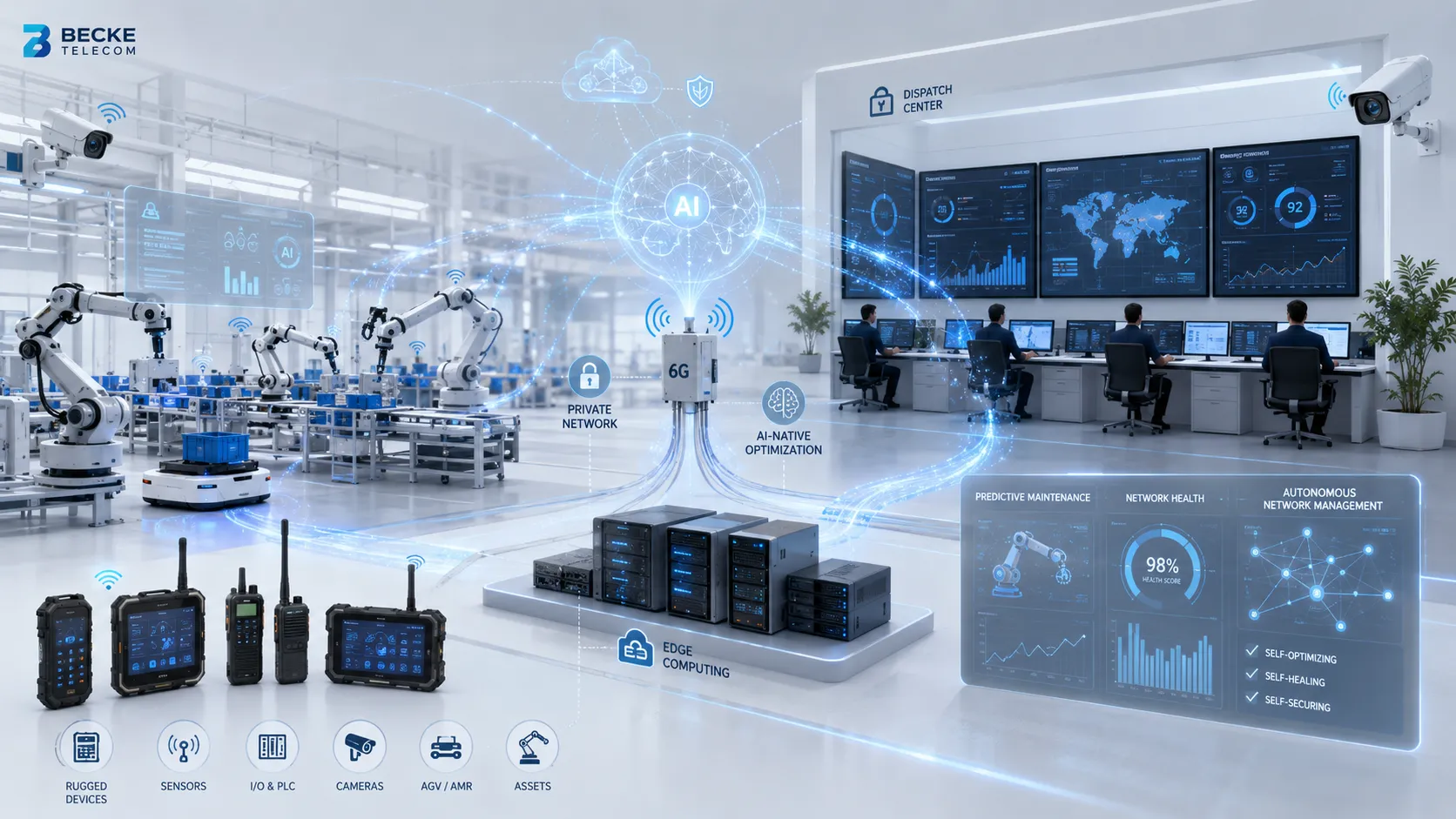Solution de communication industrielle 6G native de l'IA avec informatique en périphérie, réseau privé, usine intelligente, centre de répartition et appareils connectés