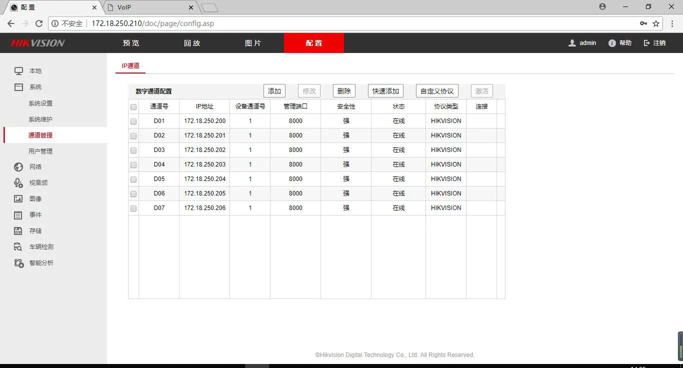 Interface de configuration du module de gestion des canaux