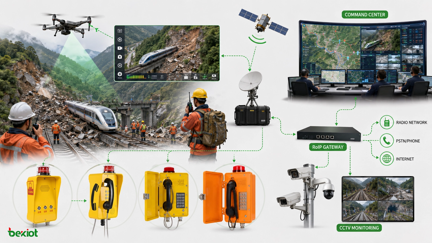 Système de dispatch ferroviaire d’urgence pour glissement de terrain utilisant vidéo drone communication satellite dispatch radio RoIP carte GIS CCTV et centre de commandement