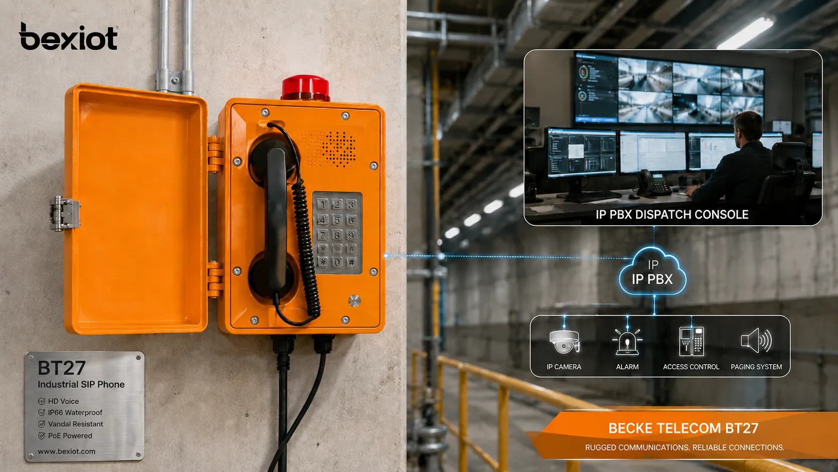 Téléphone SIP industriel Becke Telcom BT27 installé comme terminal d’interphonie mural robuste connecté à un IP PBX, une console de dispatching et une salle de contrôle