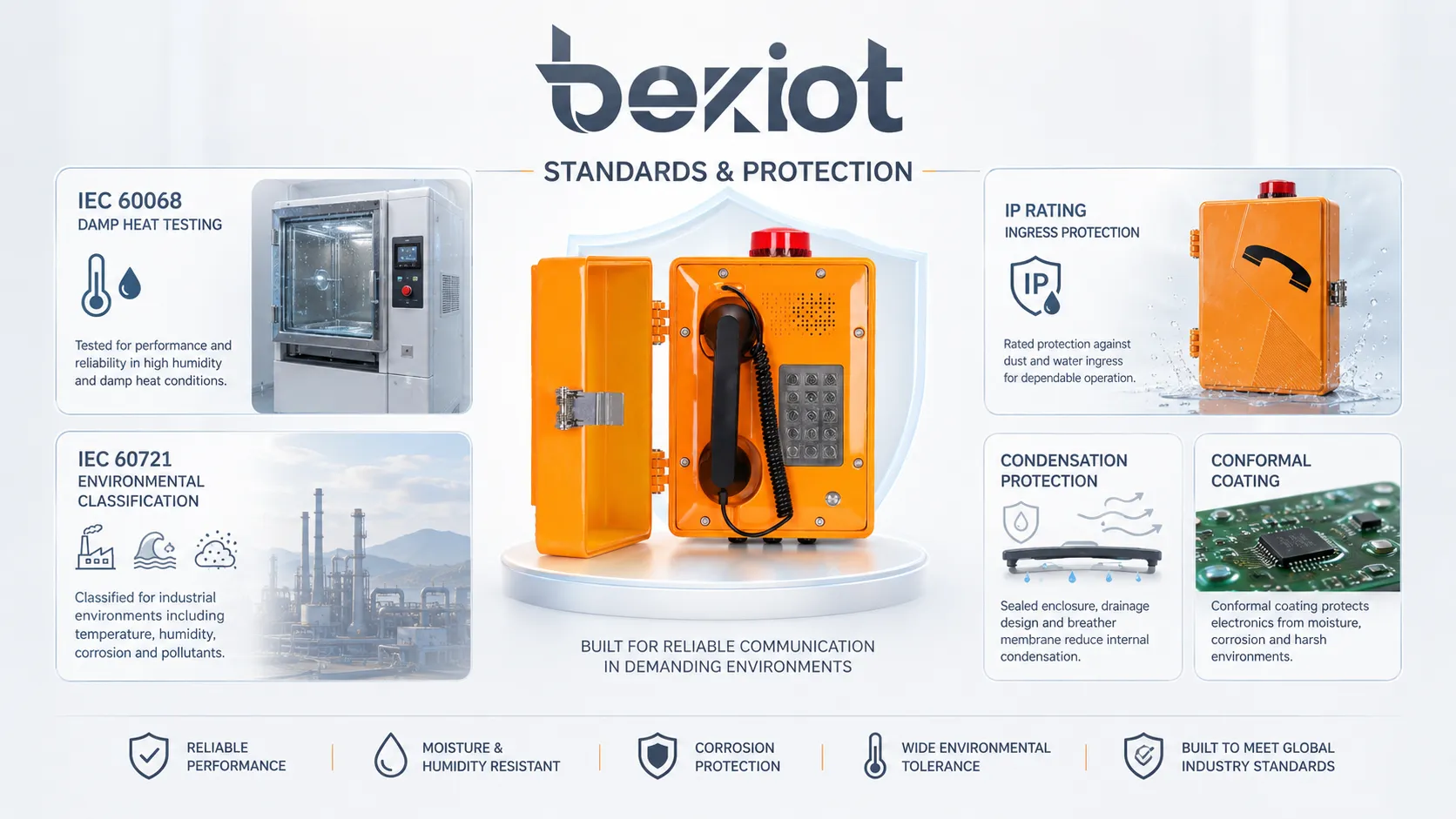 Normes d'humidité de fonctionnement et indices de protection montrant les essais de chaleur humide selon l'IEC 60068, la classification environnementale selon l'IEC 60721, l'indice IP, la protection contre la condensation et le revêtement de conformité