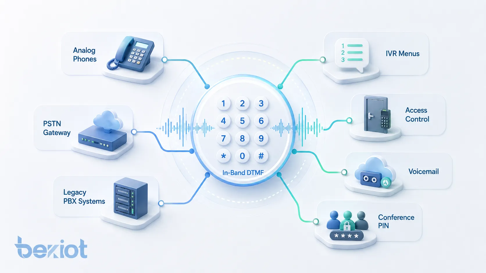 Fonctionnement du DTMF intrabande montrant pression de touche génération de double tonalité codec vocal transmission audio détection IVR et reconnaissance de chiffres