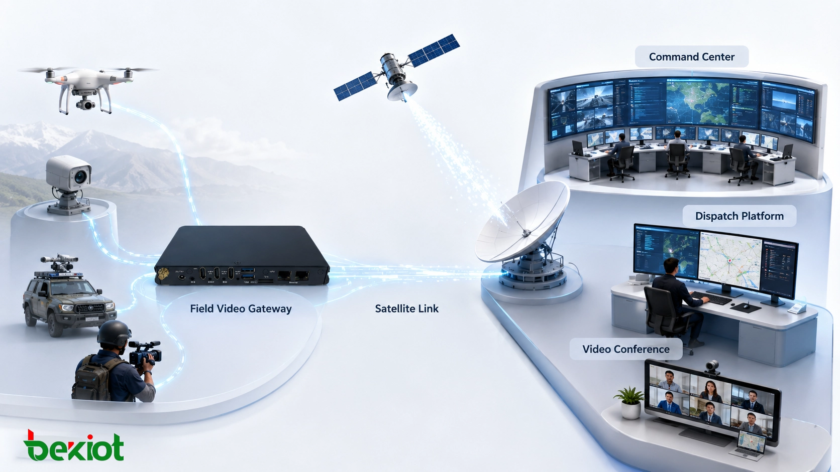 Architecture de communication d’urgence par satellite avec passerelle vidéo terrain centre de commandement plateforme de répartition et intégration de visioconférence