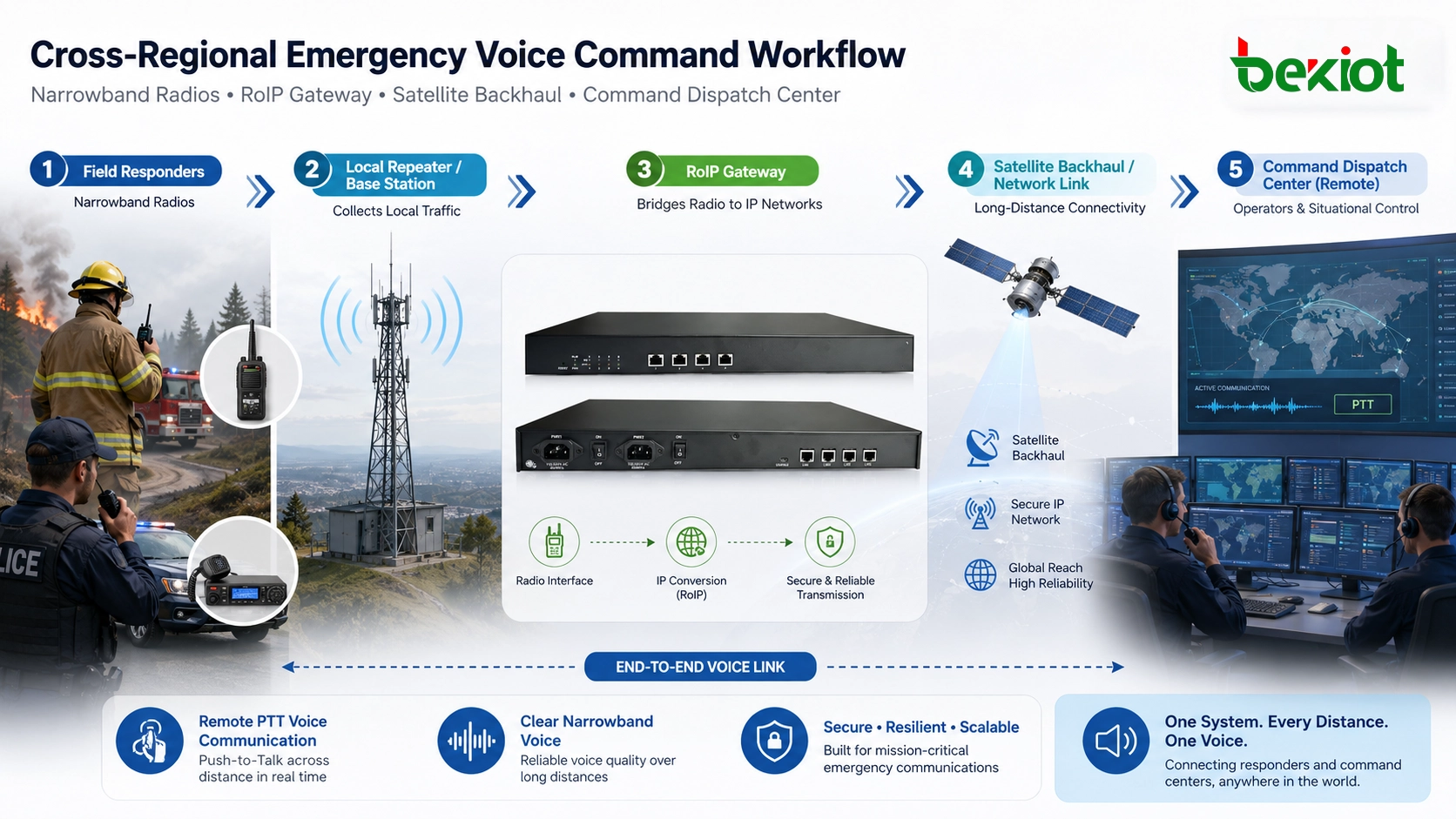 Flux de commandement vocal d’urgence interrégional utilisant radios à bande étroite passerelle RoIP retour satellite et centre de dispatching