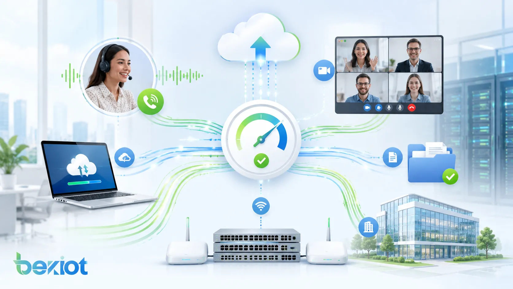 Avantages de la bande passante montrant VoIP fluide réunions vidéo claires accès cloud rapide transfert de fichiers stable et réseaux d entreprise évolutifs