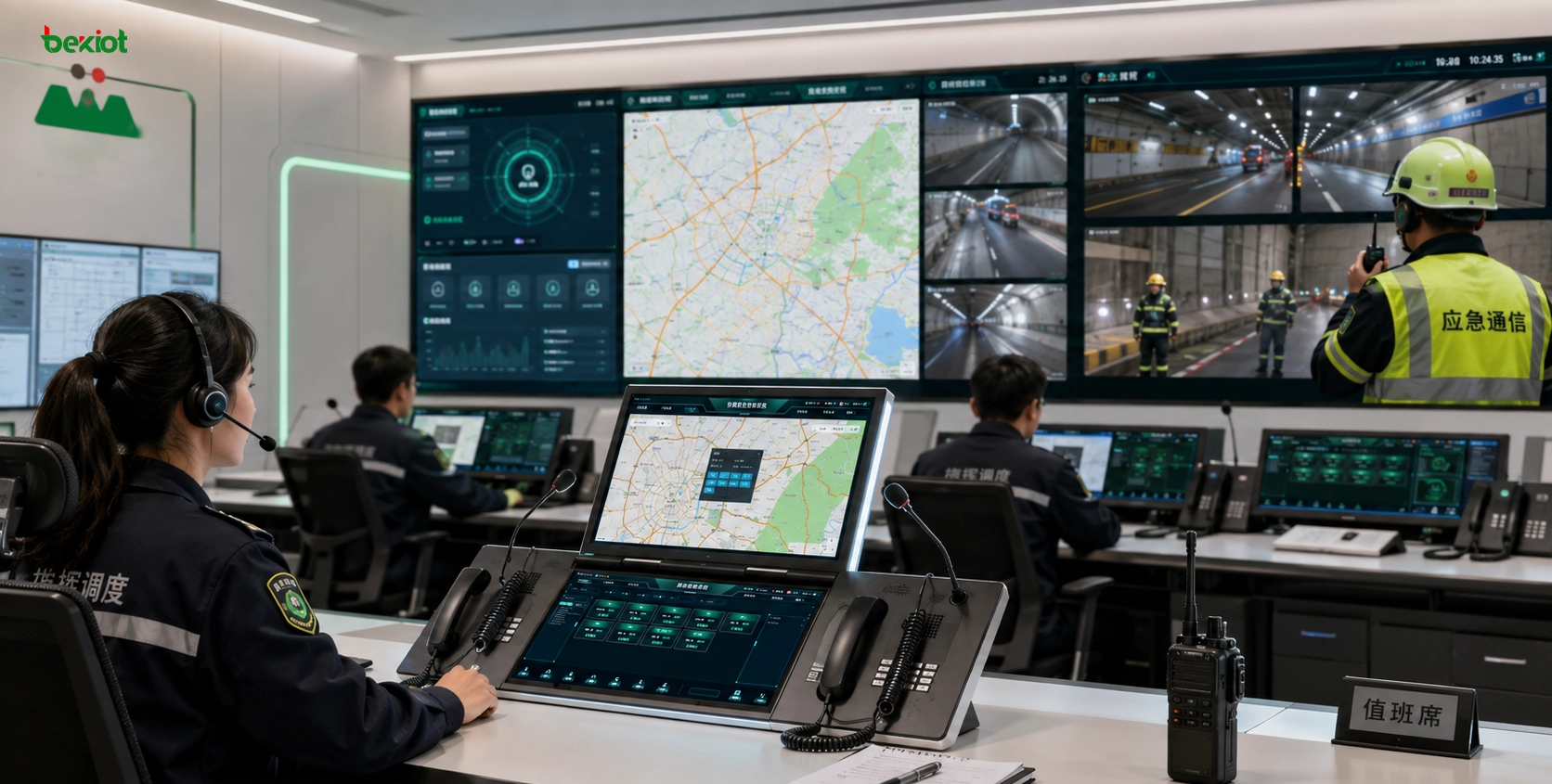 Console de dispatching dans un véhicule de commandement reliant les utilisateurs radio étroits d’un tunnel aux liens 4G 5G réseau privé et satellite