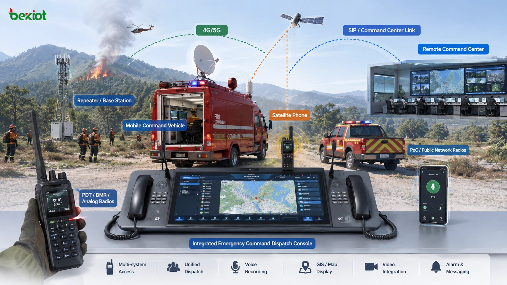 Poste de commandement de terrain pour feu de forêt avec console intégrée de dispatch d’urgence radios répéteurs téléphones satellites et véhicule de commandement mobile